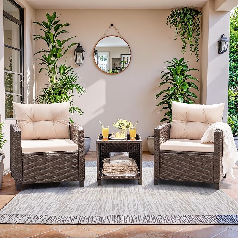 Devoko 3 Pieces Patio Furniture Set Outdoor Wicker Chairs and Table, Beige image 2