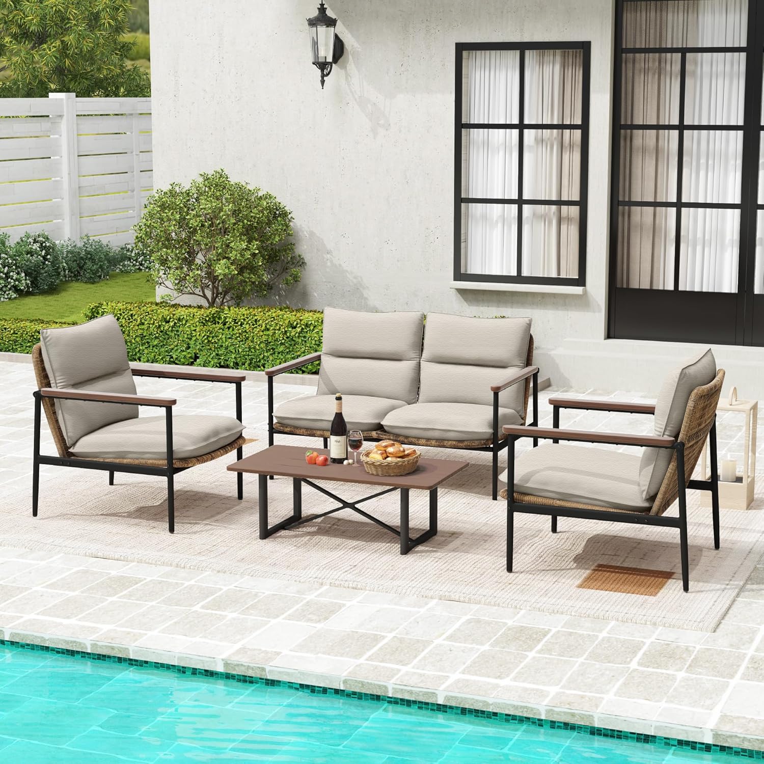 4-Piece Patio Furniture Sets, All Weather Rattan Patio Conversation Set with Aluminum Frame, Loveseat, 2 Chairs and Coffee Table, Smooth Wooden Armrest & Olefin Cushion for Yard Deck Porch