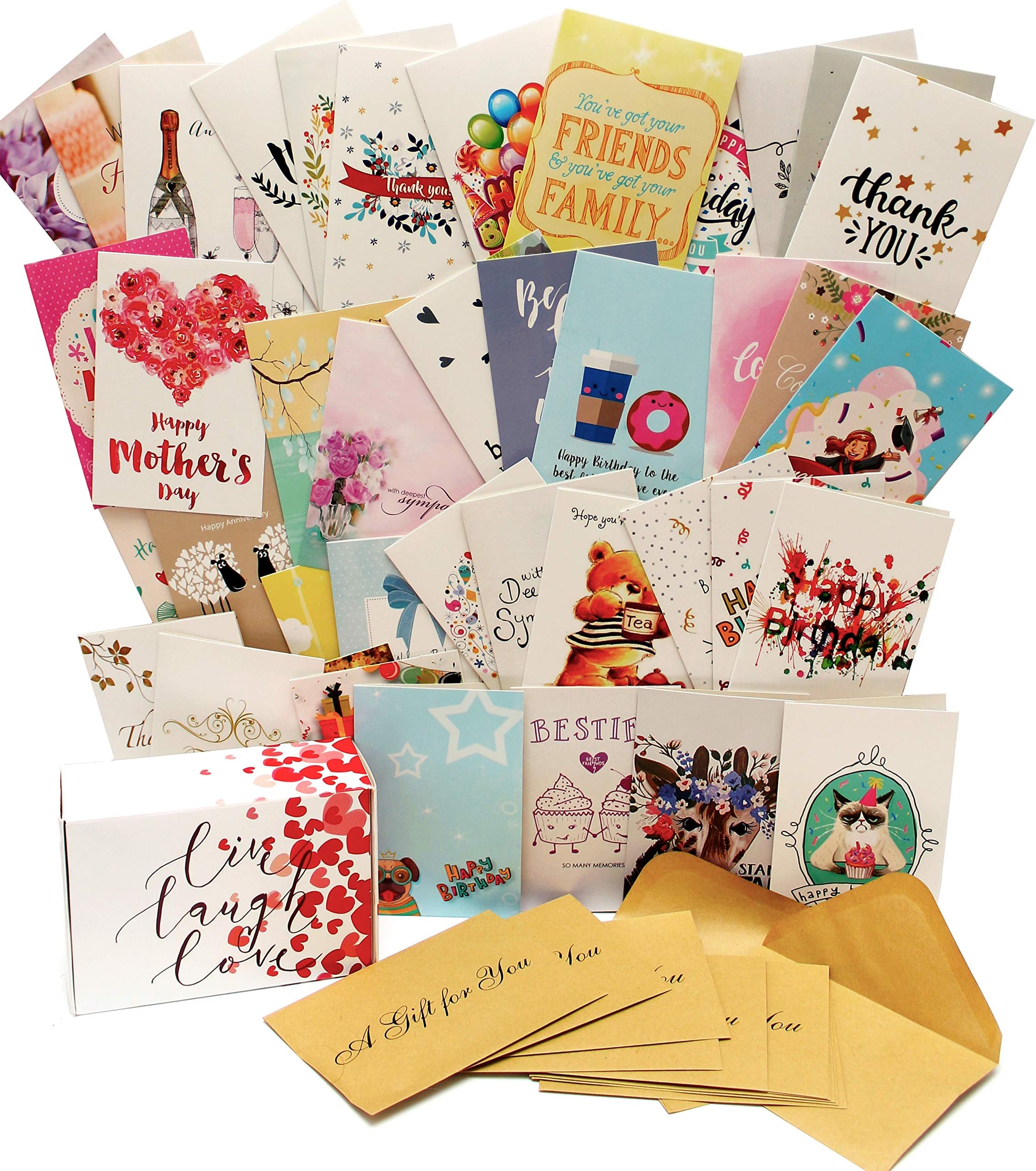 Premium Greeting Cards Assortment For All Occasion - 40 UNIQUE DESIGNS Box Set Cards Blank Inside With Envelopes - Birthday, Thank you, Congratulation, Anniversary, Wedding, Mother's Day