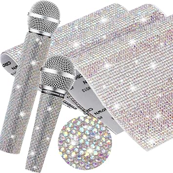 Remuuly 3 Pcs DIY Rhinestone Microphone Handle Cover Protector Bling Stickers Rhinestone Glitter Microphone Cover Handheld Sleeve Crystal Sheets Shiny Prop Stage Party, 5x7.3AB Color