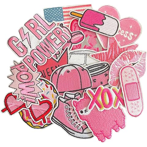 FR Pink Iron on Patches,Sew On/Iron On Embroidered Patches Applique for Clothes, Dress, Hat, Jeans, DIY Accessories - 20 Pcs