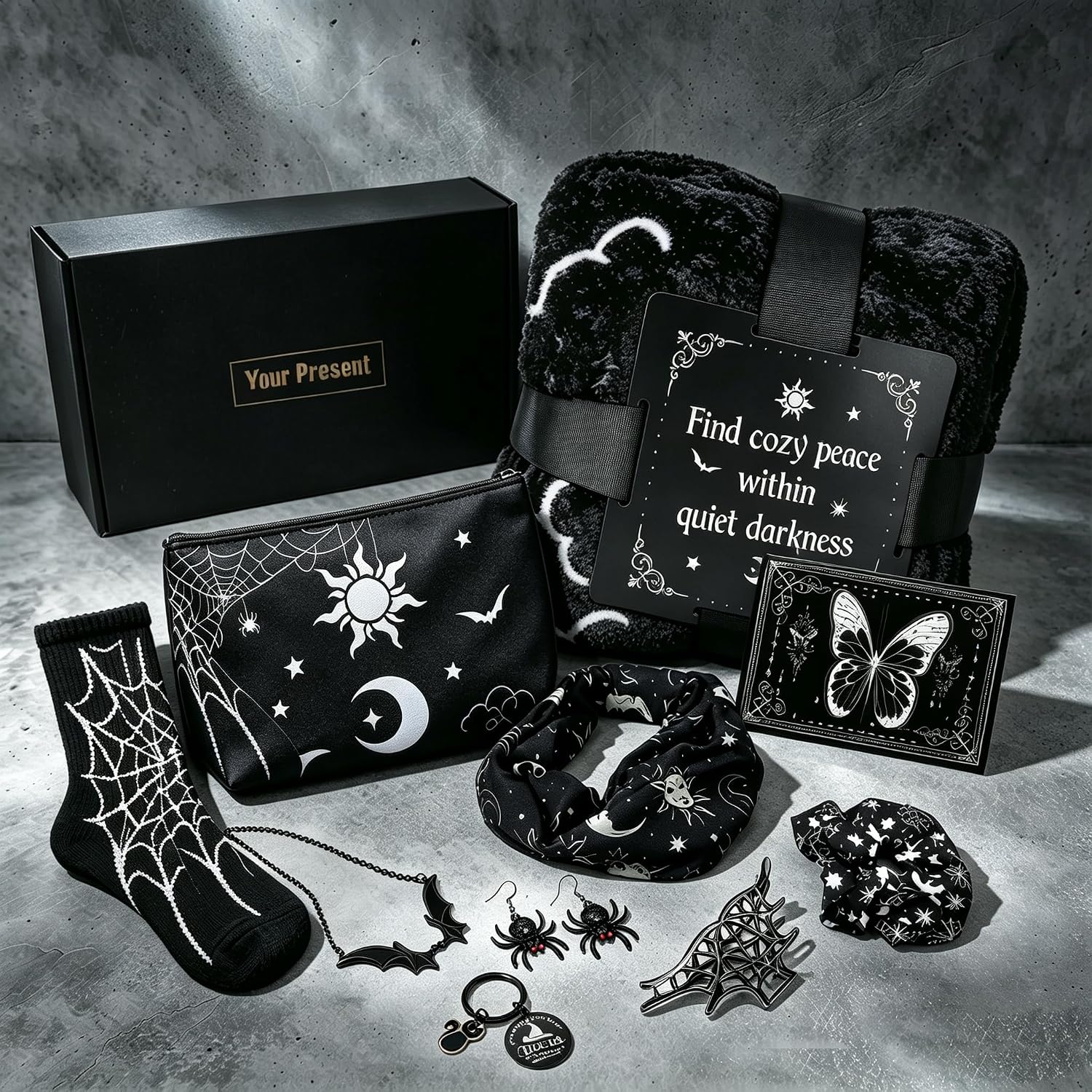 11Pcs Gothic Gifts for Women, Witchy Spooky Basket With Dark Goth Blanket