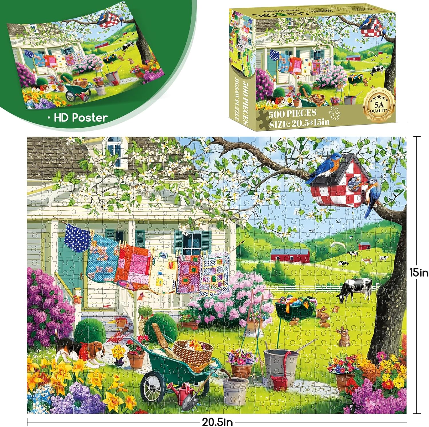 Puzzles for Adults 500 Pieces - Buzy Spring Backyard Jigsaw Puzzle, Farm Quilts Garden Cabin Puzzle, with Birdhouse,Plants and Dog for Teens 14-16, Impossible Puzzle Perfect for Game Nights 20.5x15 in