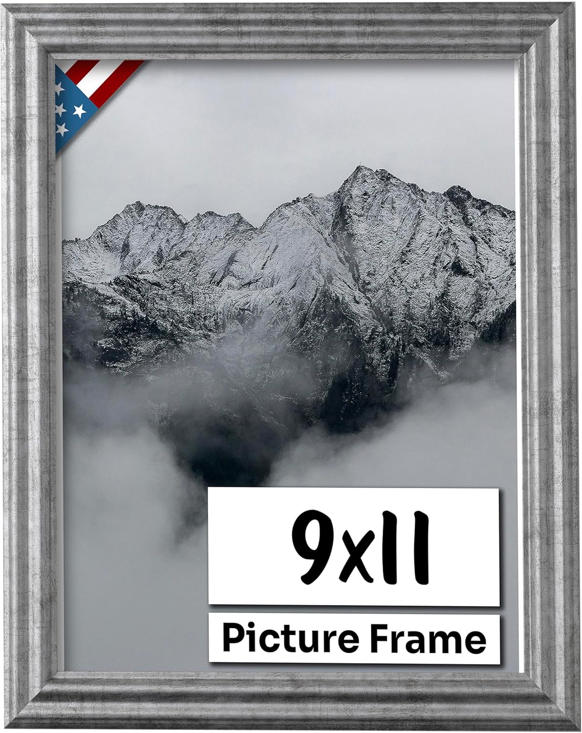 Antique Silver 9x11 Picture Frame .75" Inch Wide - Silver Wall Decor Handmade Solid Wood Frames with Preinstalled Hangers and UV Blocking Plexiglass 11x9 Frame
