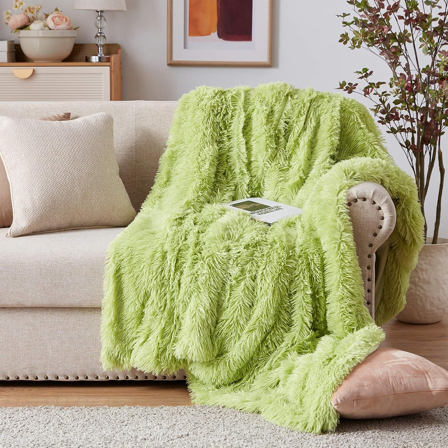 NexHome Soft Solid Reversible Shadow Green Faux Fur Blanket Full Size 70" x 78", Fluffy Luxury Fuzzy Plush Comfy Sofa Couch Bed Chair Photo Props Decorative Faux Fur Blankets for All Season Use