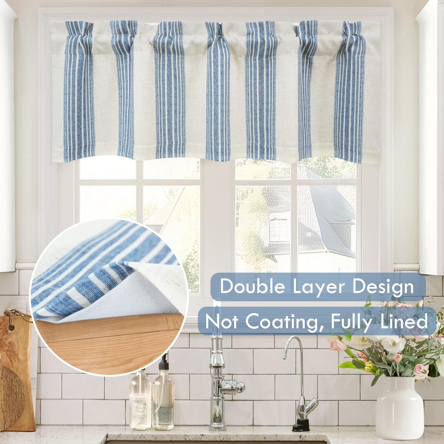 DriftAway Chris Linen Lined Valance Double Layer Thermal Insulated Room Darkening Blackout Window Valances 3 Inch Rod Pocket Vertical Striped Kitchen Valance for Bathroom 52 Inch by 18 Inch Jean Navy