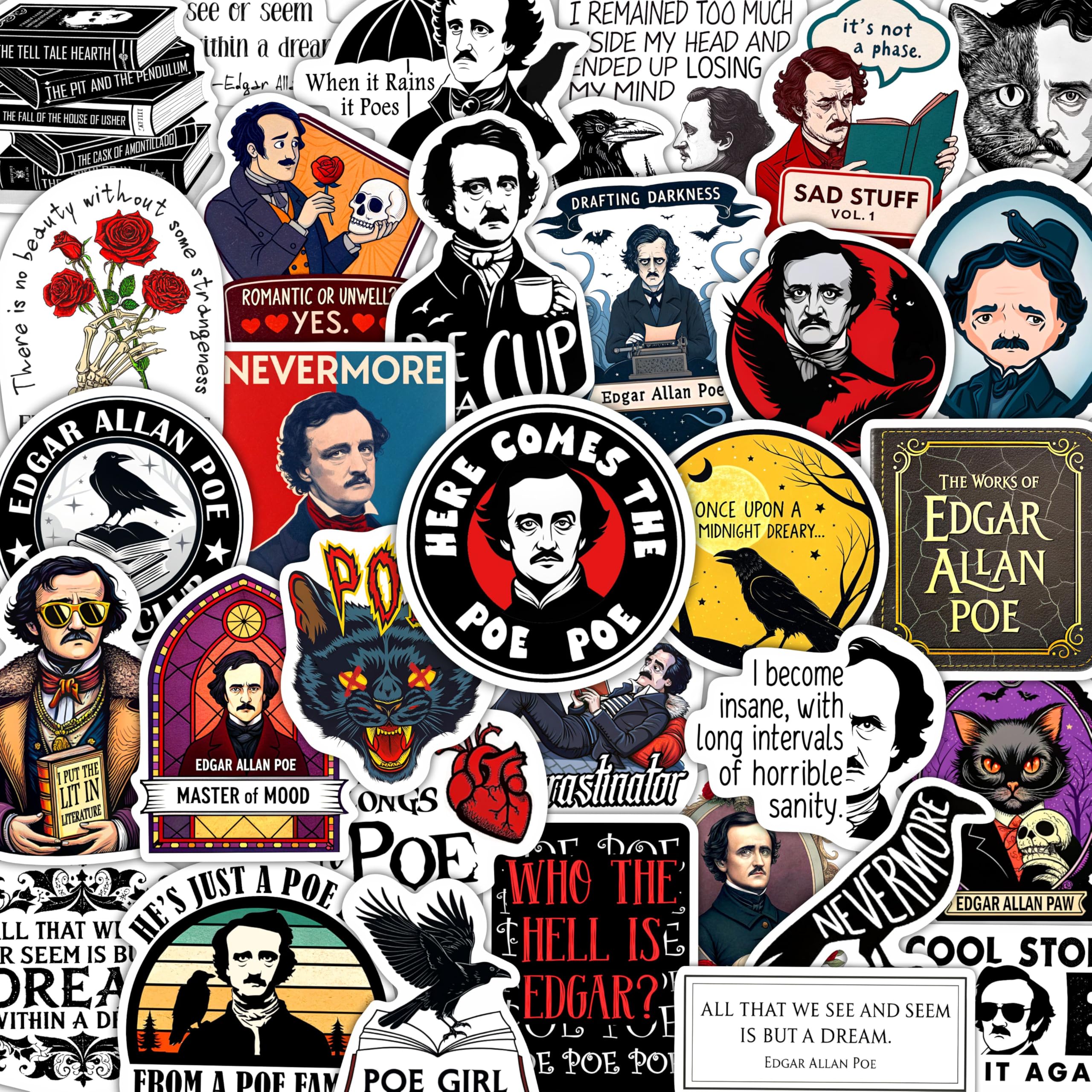 100Pcs Edgar Allan Poe Stickers for Water Bottle, for Laptop - Edgar Allan Poe Gifts, Party Favors & Decorations, Literature Stickers - Gifts for Women & Men — image 1