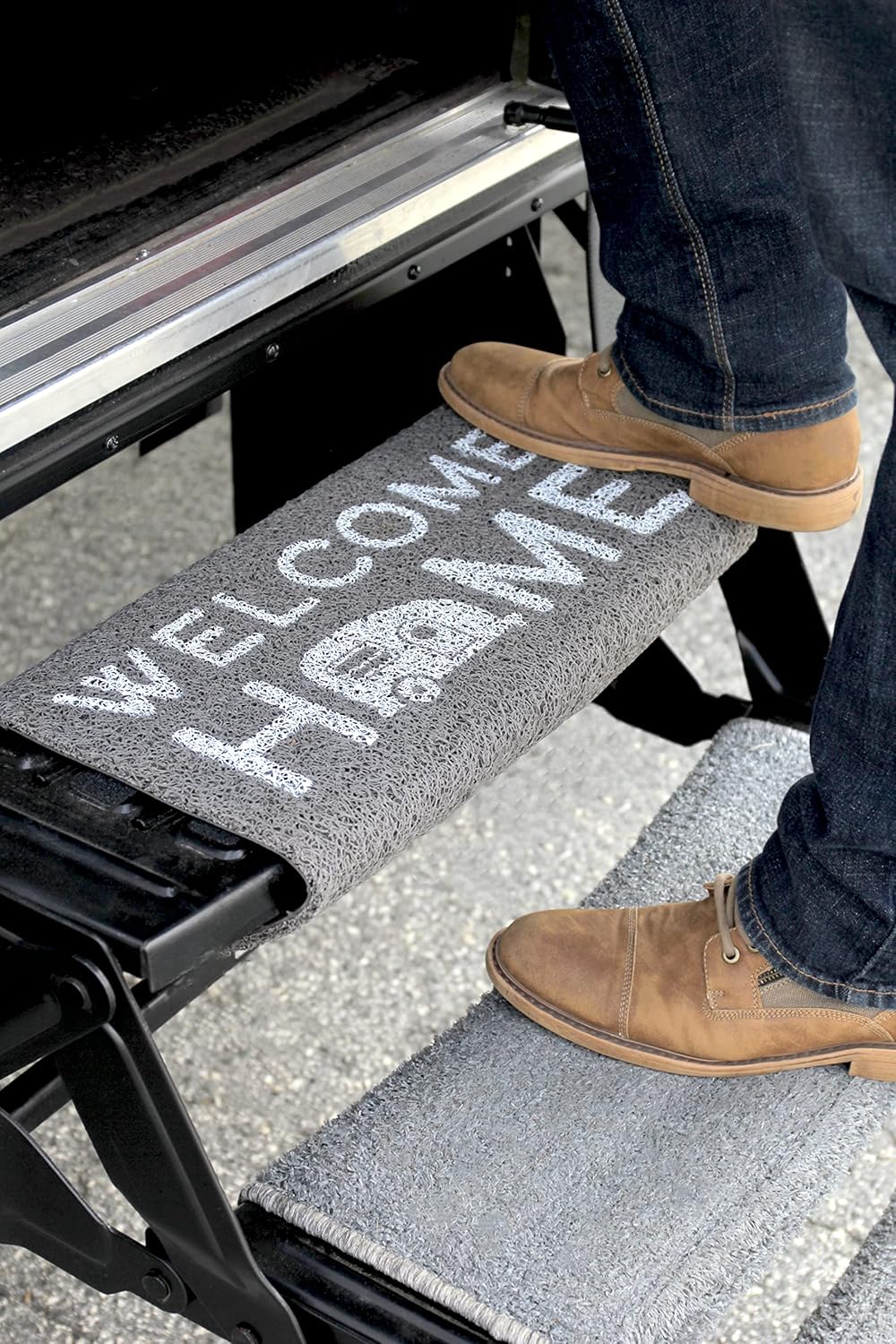 Camco Life is Better at The Campsite Camper/RV Wrap Around Step Rug - Easy Clean Material w/”Welcome Home” Design - No Tools Required - Fits 18” (W) Steps - Works w/Manual or Electric Steps (53196)