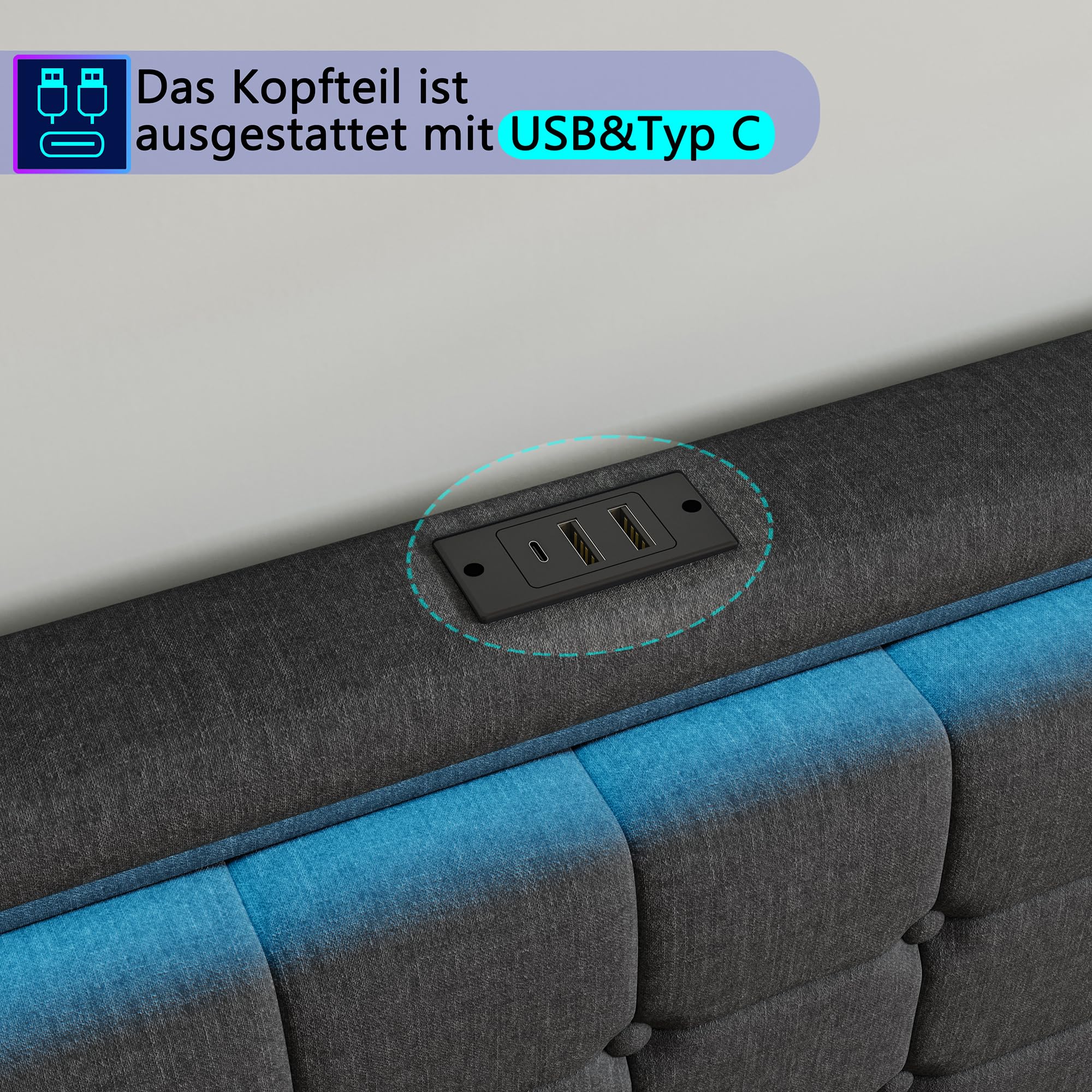 Łóżko 180 x 200 z miejscem do spania, łóżko podwójne tapicerowane w kolorze ciemnoszarym lnianym, głowica i podnóżek, długie USB, 4 szuflady, łóżko skrzyniowe ze schowkiem, solidna rama łóżka