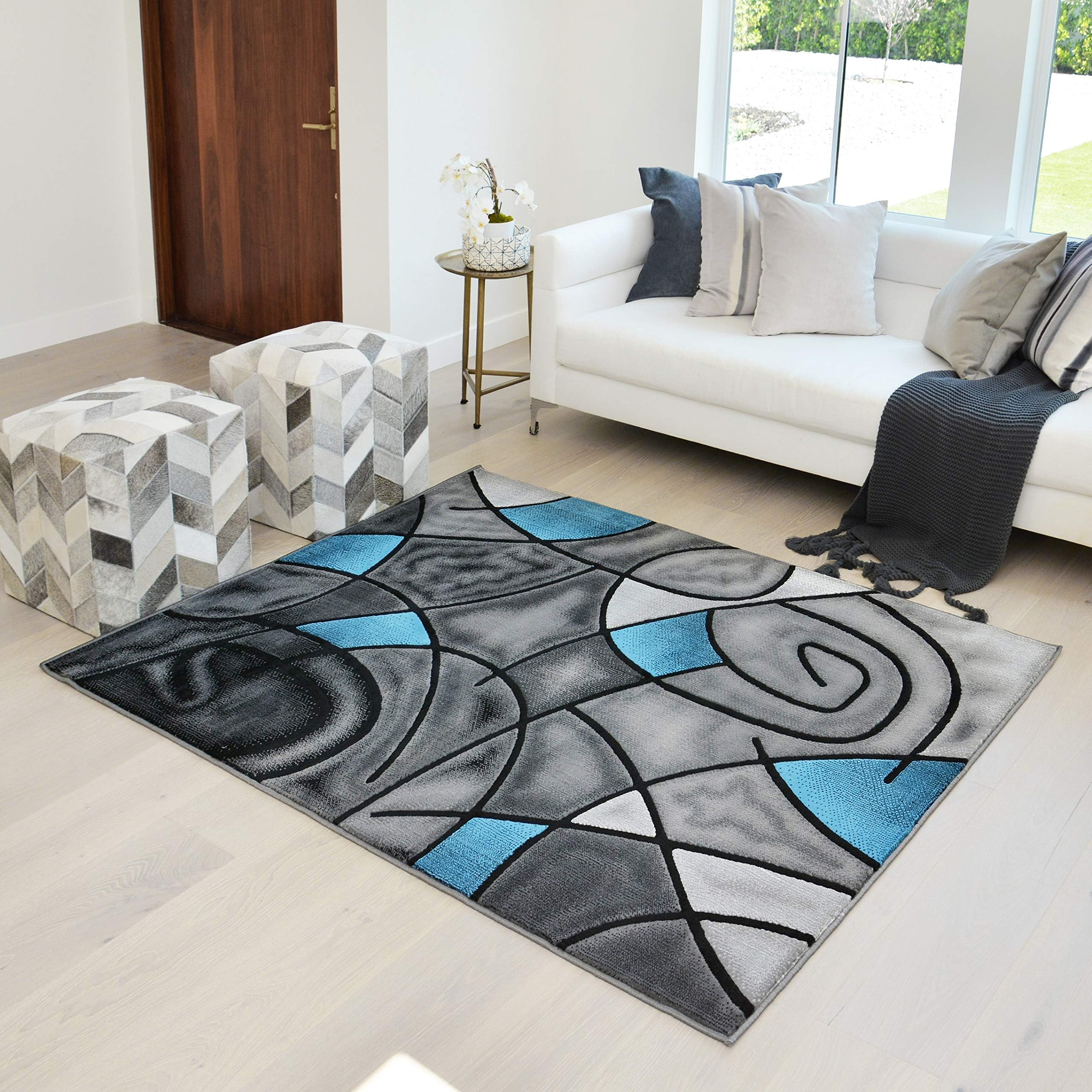 HR-Blue/Grey/Silver/Black/Abstract Area Rug Modern Contemporary Circles | Bedroom Rug with Wave Design Pattern (5' x 7')