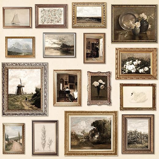 97 Decor Antique Wall Decor - 16 Pcs Vintage Wall Art Prints, Antique Pictures Landscape Painting, French Country Decoration Botanical Posters, Moody Gallery Pictures For Home Bedroom (unframed)