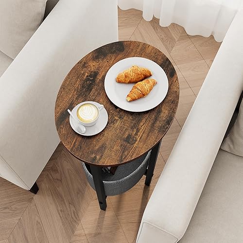 Miniatura 8 de Vagusicc Mesa auxiliar redonda con cesta de almacenamiento, mesa auxiliar pequeña para espacios pequeños, mesa auxiliar alta ovalada con marco de