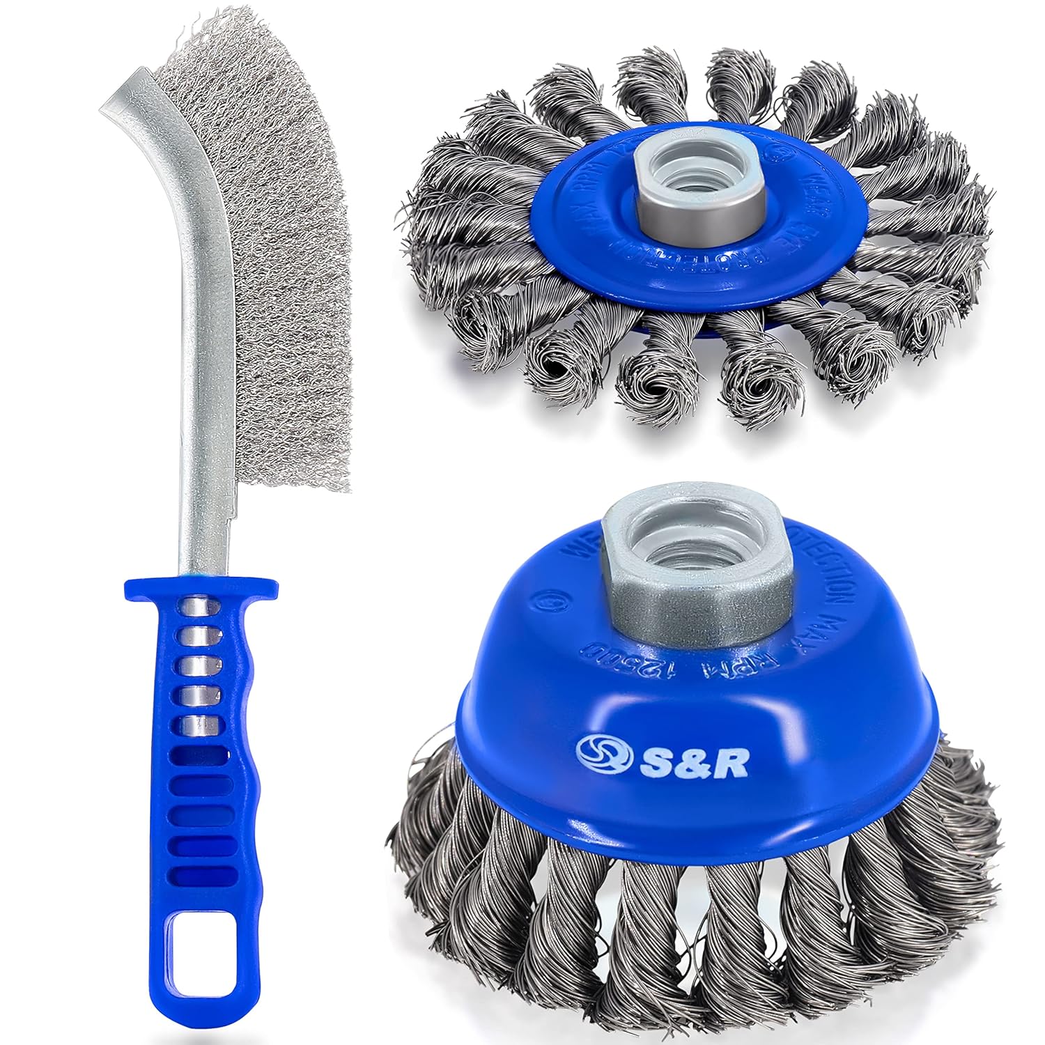 S&R Wire Brush Set – 3-Piece Set for Angle Grinders, Includes Round Brush, Cup Brush, and Hand Scratch Brush for Metal Cleaning and Surface Prep