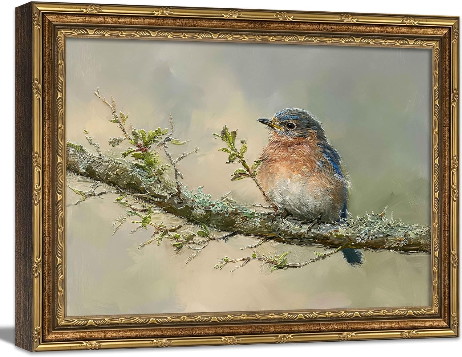 MYSCHRDS Vintage Bluebird Framed Canvas Wall Art, Gold Ornate Frame Bird Picture with 3D Textured Print, Rustic Farmhouse Cottagecore Wall Decor for Living Room Bedroom Entryway, 12x16 Inch