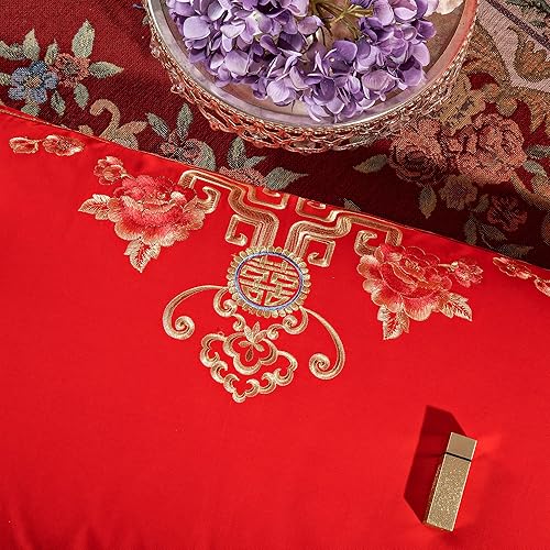 Miniatura 65 de Luxury Double Happiness Dragon and Phoenix Bird Embroidery Chinese Wedding Red Bedding Set King Queen Size 100% Cotton Embroider Red Wedding Duvet