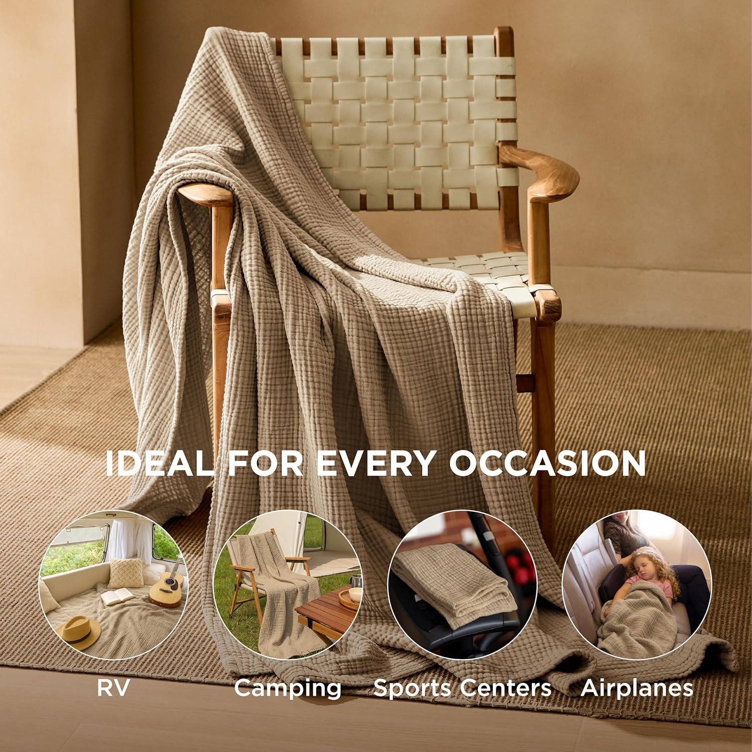 Bedsure 100% Cotton Muslin Blankets for Adults Large Throw 50x70 Inches - 4-Layer Breathable and Lightweight, Soft Boho Gauze Muslin Cotton Blanket for Couch Decor Travel Summer, Light Brown