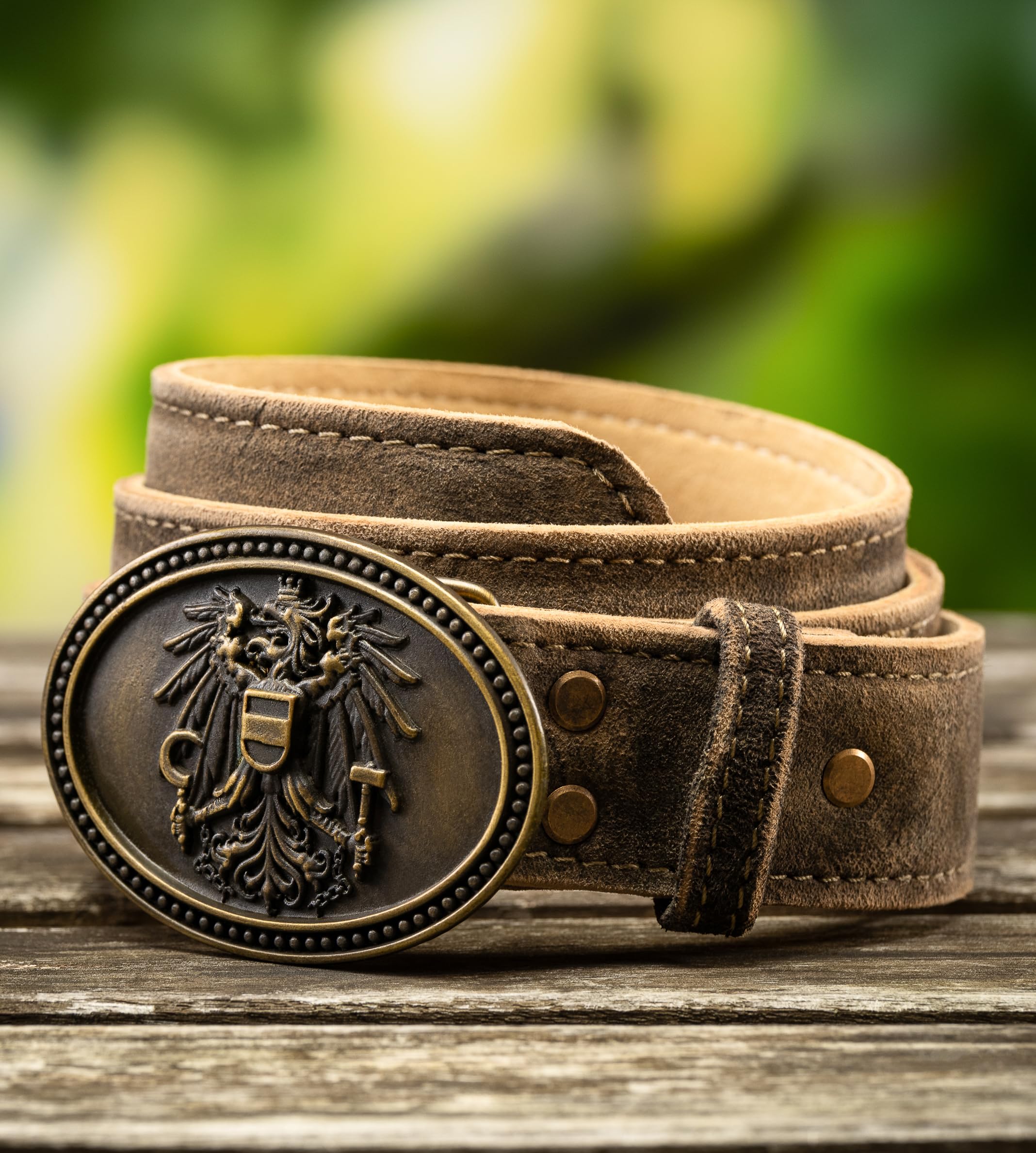 Schöneberger Trachten Couture Herren Trachtengürtel Österreich, Ledergürtel mit Austria Adler Schnalle, Lederhosen Gürtel aus Wildbock-Leder, Franco