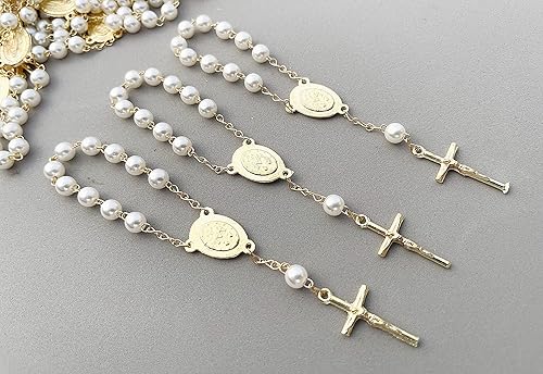 Miniatura 5 de 25 Off White Color Gold Plated Mini Rosary with Miraculous medal for Baptism Favors/Christening/communion Favors/Mini rosarios con Medalla Milagrosa