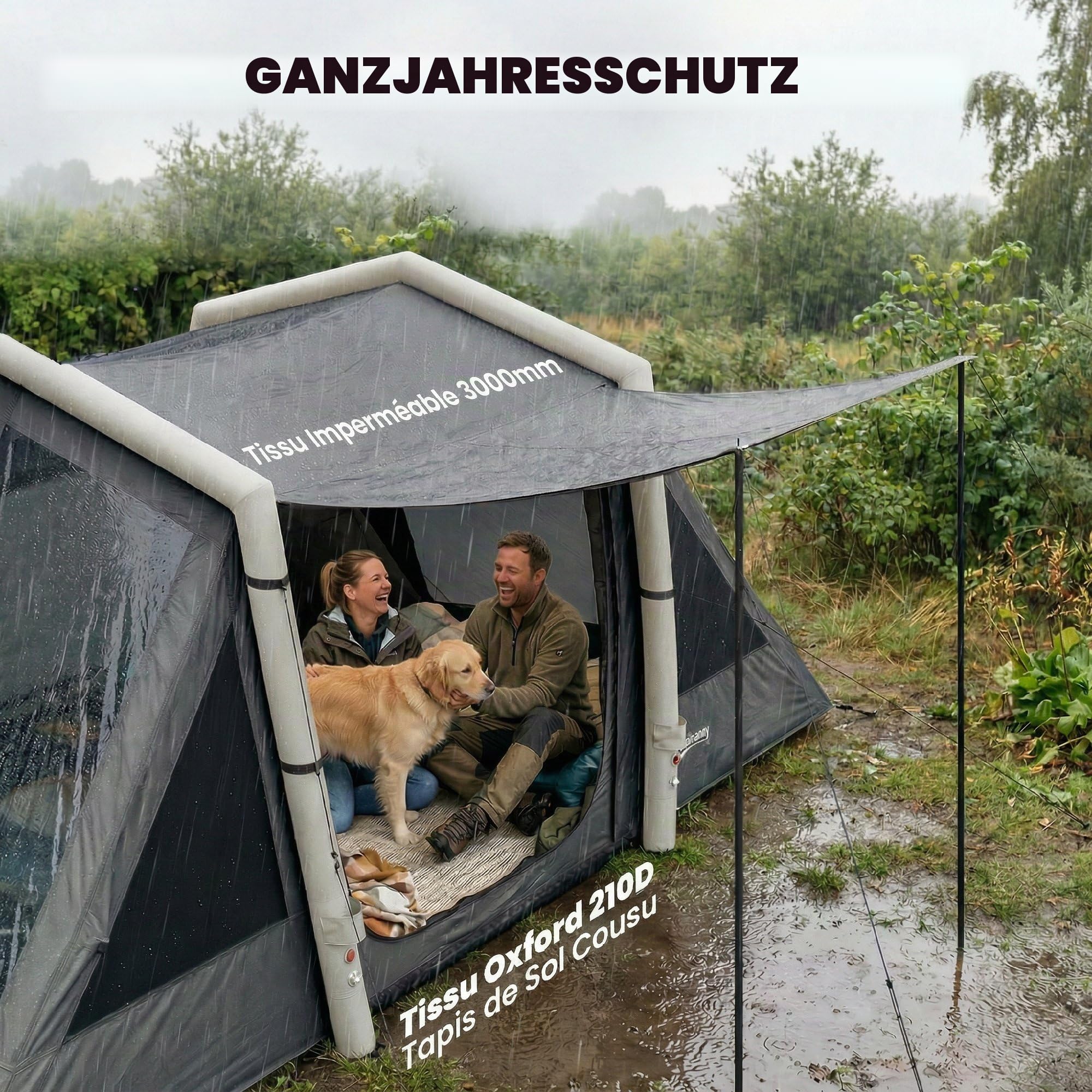 Outsunny Aufblasbares Campingzelt für 4 Personen, Blackout – Luftzelt 5,8 m lang mit 2 Schlafzimmern und Wohnzimmer – wasserdicht 3000 mm mit Pumpe, Sonnendach und fluoreszierenden Heringen