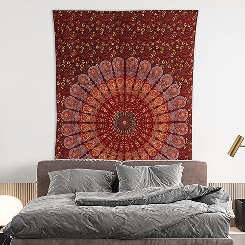 Miniatura 7 de Tapiz hippie indio bohemio psicodélico dorado mandala de pavo real azul dorado para colgar en la pared (naranja marrón, King (88 x 104 pulgadas)