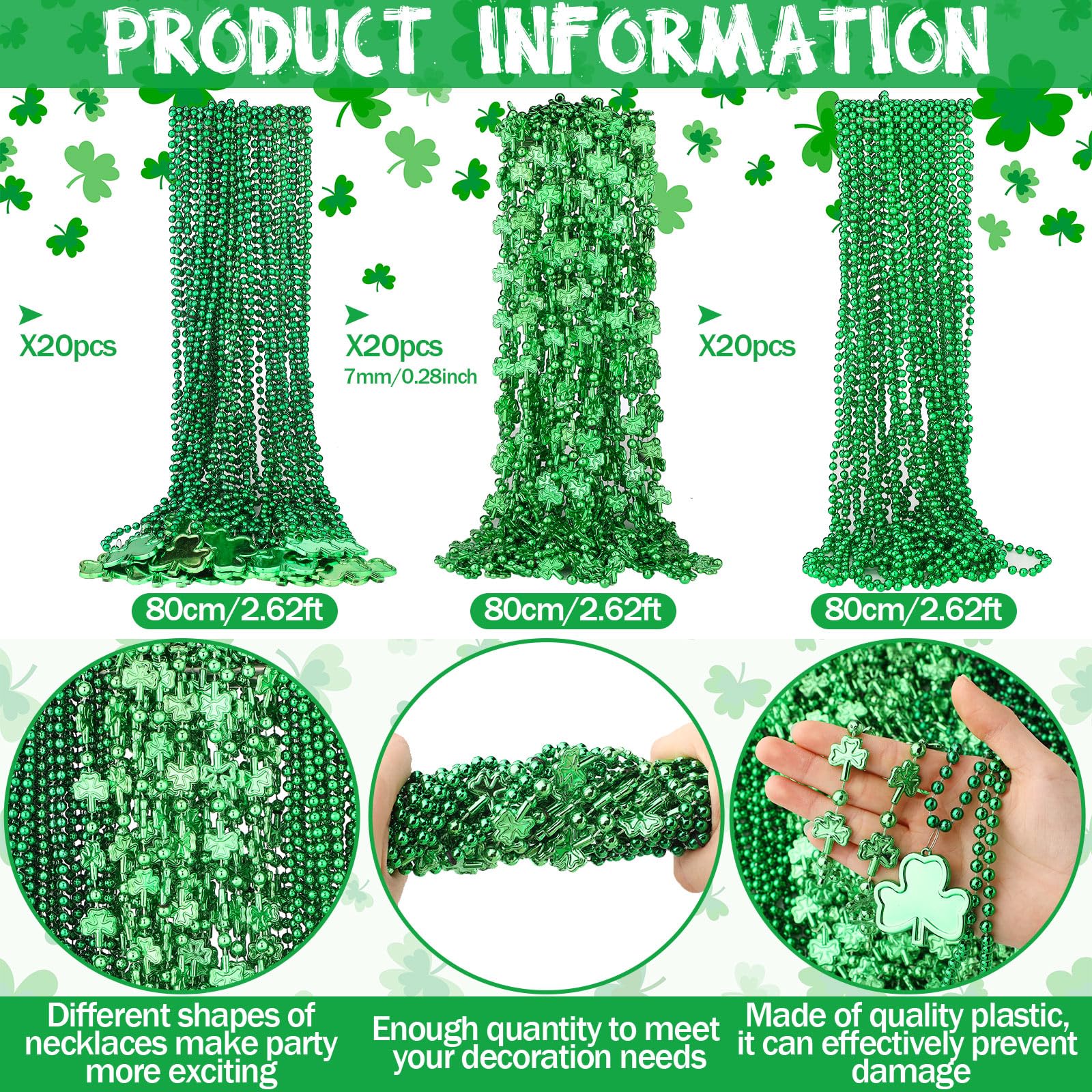 Landical 60 Pcs St Patrick's Shamrock Necklaces Irish Clover Green Bead Pendant Bead Necklaces Bulk St Patrick's Day Accessories Green Beaded Necklace for Parade Party Favor Supplies, 3 Styles