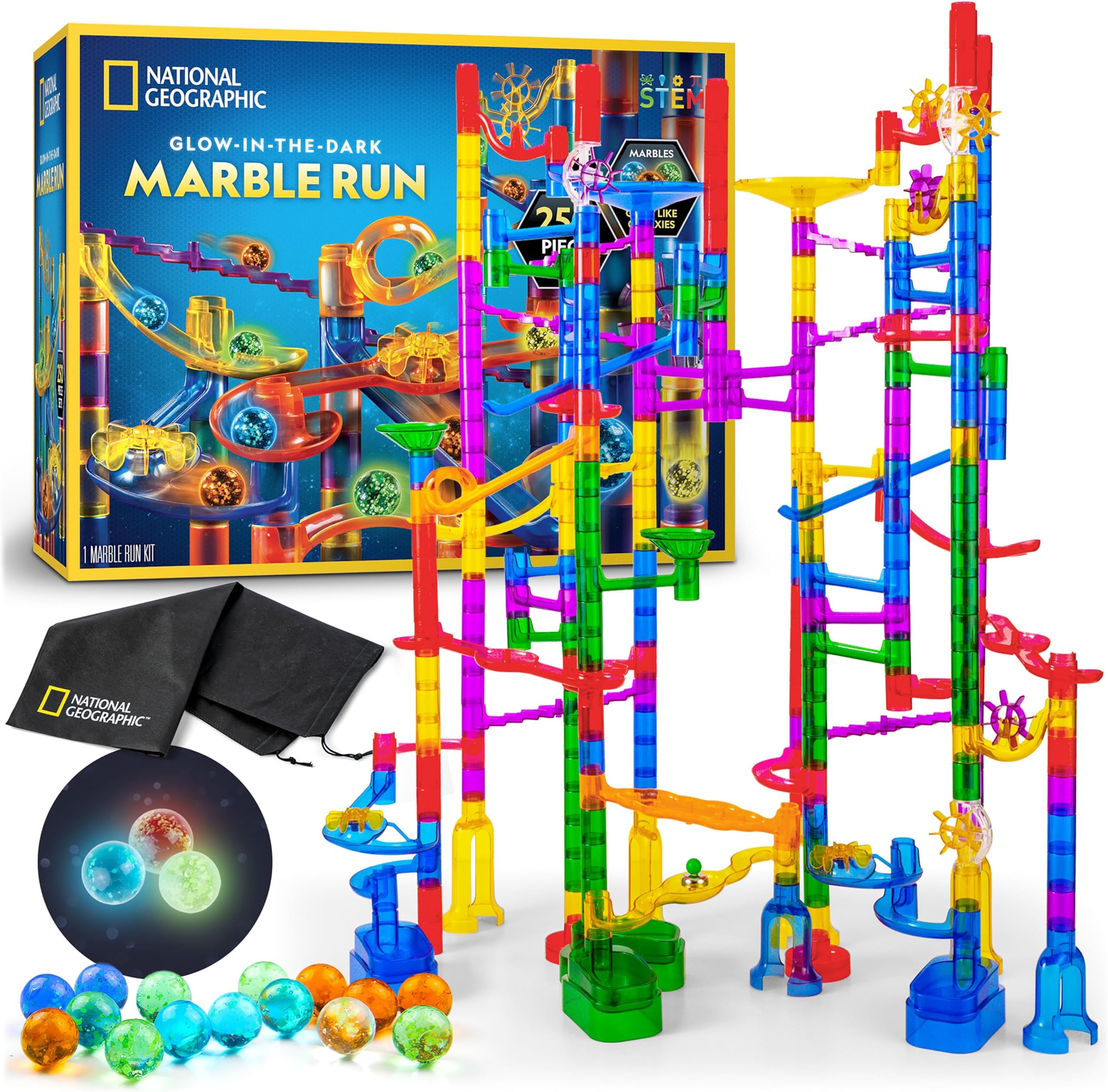 National Geographic Glowing Marble Run – 250 Piece Construction Set with 50 Glow in the Dark Glass Marbles, Mesh Storage Bag, Great Creative STEM Toy for Girls and Boys