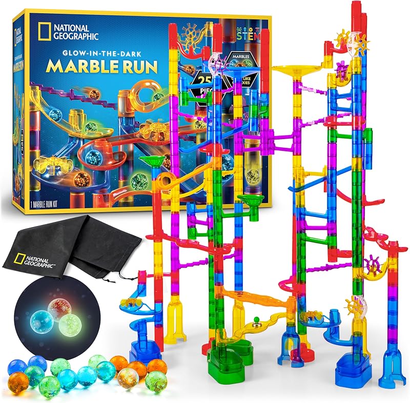 National Geographic Glow Marble Run 250-Piece Building Set for Kids | 50 Glow-in-the-Dark Glass Marbles, 135 Tubes, 55 Action Pieces, 10 Bases, Marble Maze, STEM Physics Toy, Storage Bag