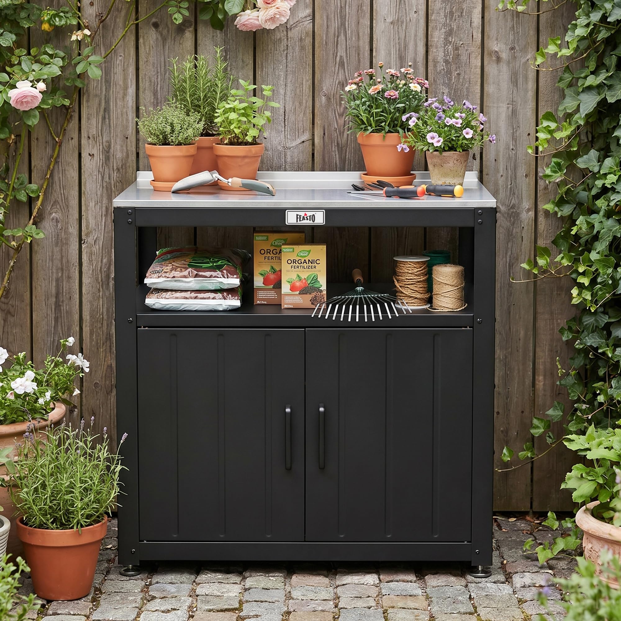 Feasto Pflanztisch mit Unterschrank, Gartenschrank wetterfest Outdoor mit Edelstahl - Arbeitsplatte, für Garten & Terrasse, 80x45x82cm