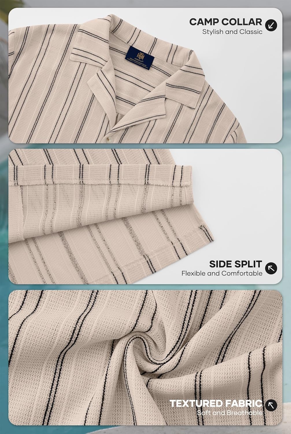 Mens Summer Striped Shirts Casual Cuban Shirt Texture Button Down Shirts for Beach Vacation (S-XXL) - Image 6