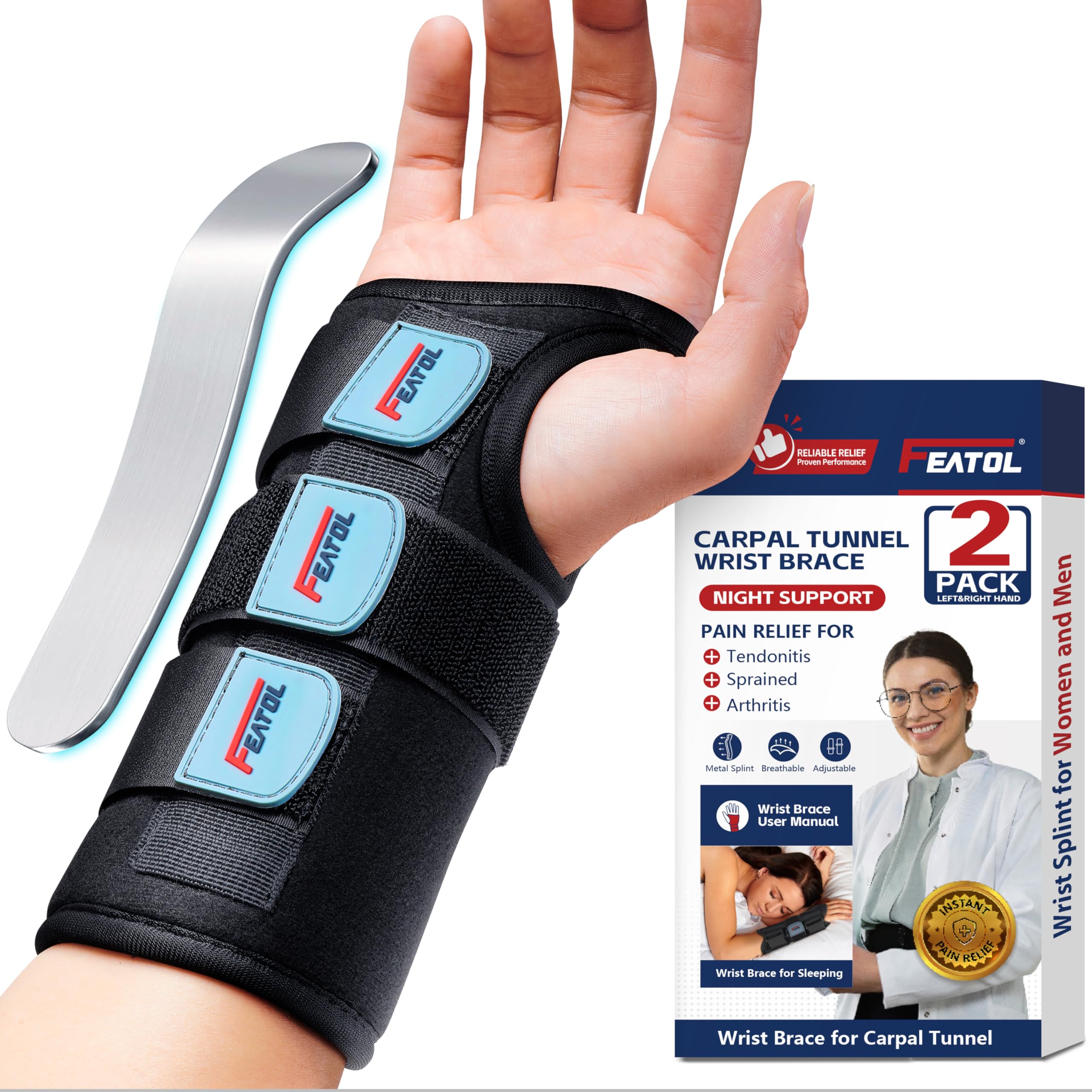 FEATOL Carpal Tunnel Wrist Brace Night Support 2 Pack - Wrist Splint for Pain Relief Tendonitis, Sprained, Arthritis - Metal Splint Stabilizer With Hand Brace -FOR Sleeping Women Men -Right&Left(M/L)