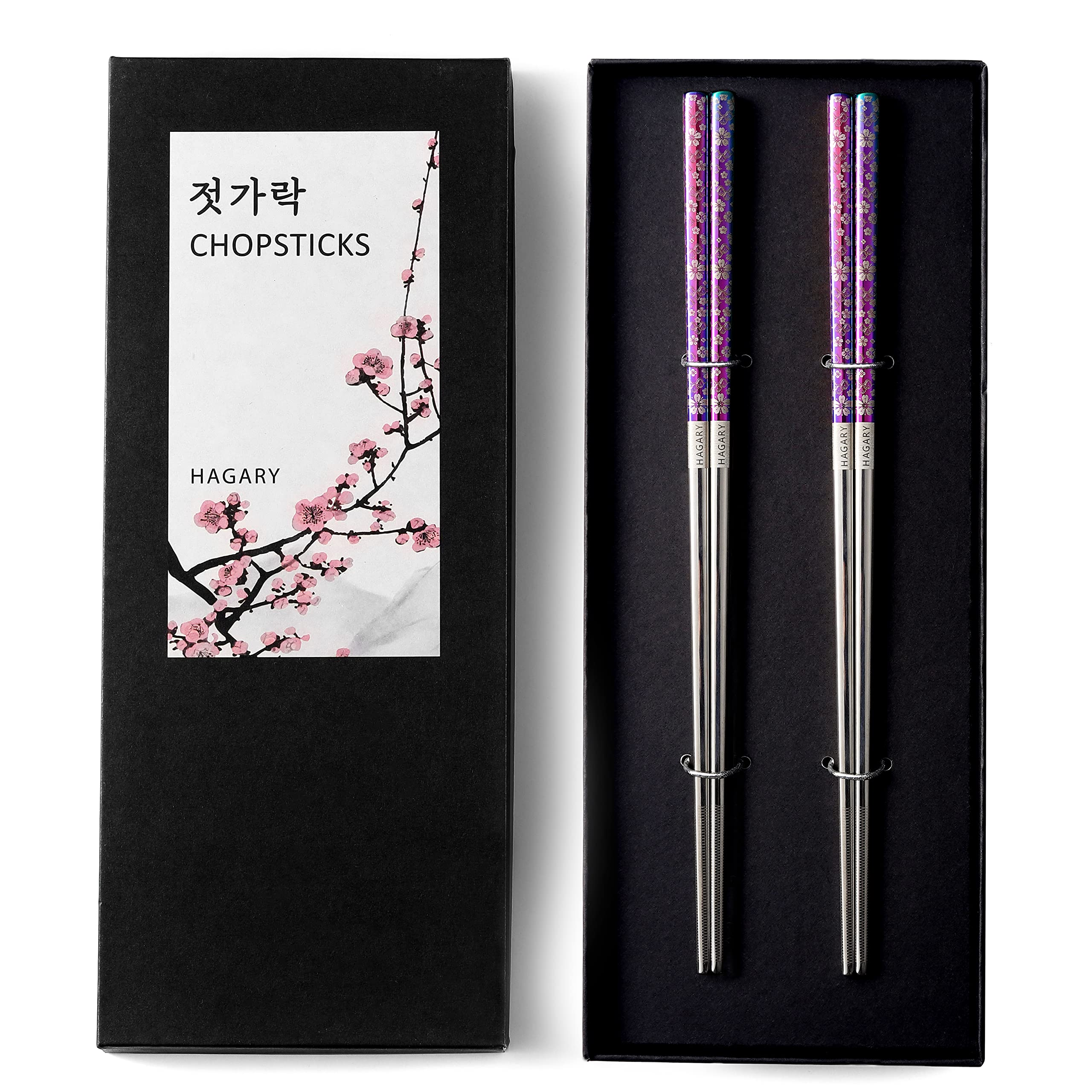 Hagary Cherry Blossom Rainbow Chopsticks Metal Chopsticks Reusable Designed In Korea Japanese Style Stainless Steel 316 18/10 Non-Slip Dishwasher Safe (2 Pairs)