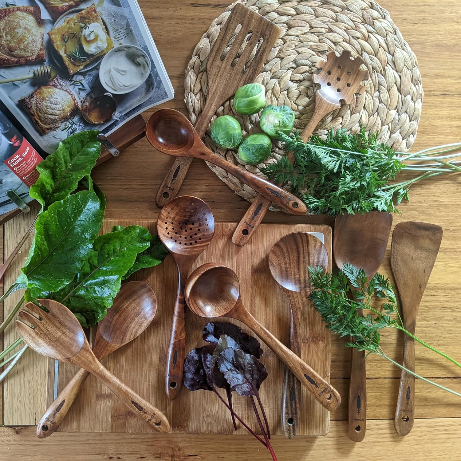 10 Pcs Natural Teak Wood Cooking Utensils Set for Kitchen, Spoon Set.