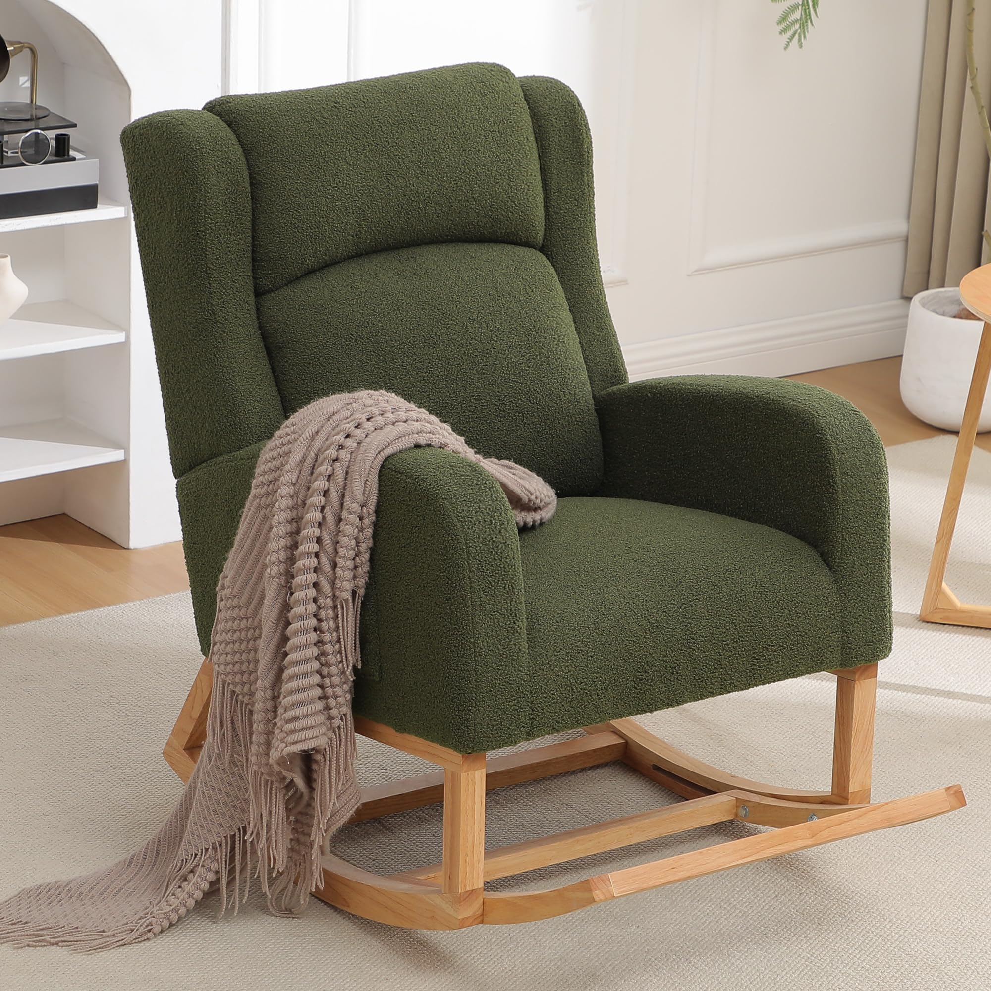 HCHAIRH Rocking Chair Nursery, Nursing Rocking Chairs for Mom Nursery, Comfy Wingback Teddy Glider Rocking Armchair with Foot Rest and Side Pocket for Nursery Living Room Bedroom, Green