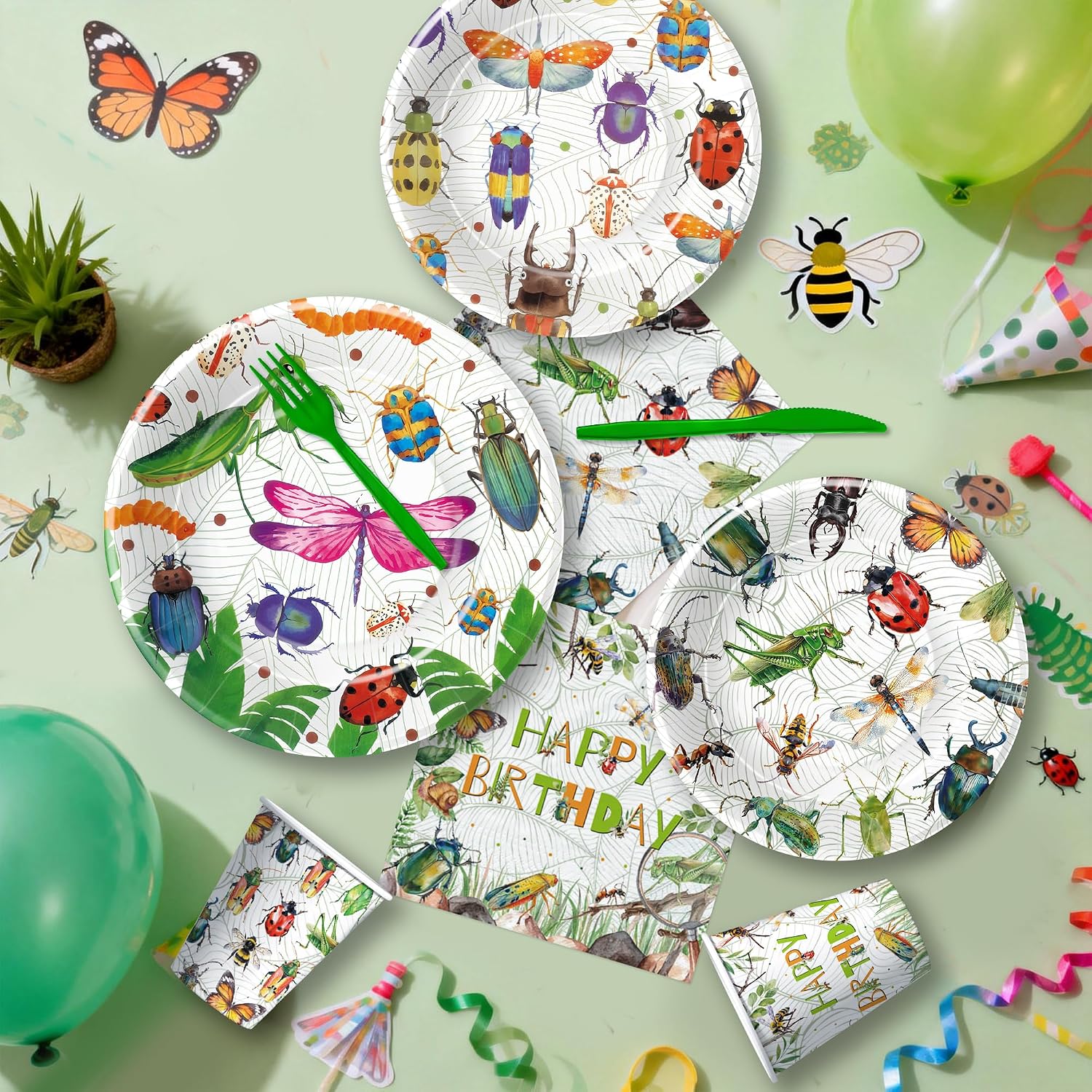 Bug Birthday Decorations, Garden Nature Themed Insect Party Supplies for Birthday Baby Shower, Plate, Cup, Napkin, Tablecloth, Background, Banner, Balloon, Cake Topper, Cutlery, Straw, Serve 24