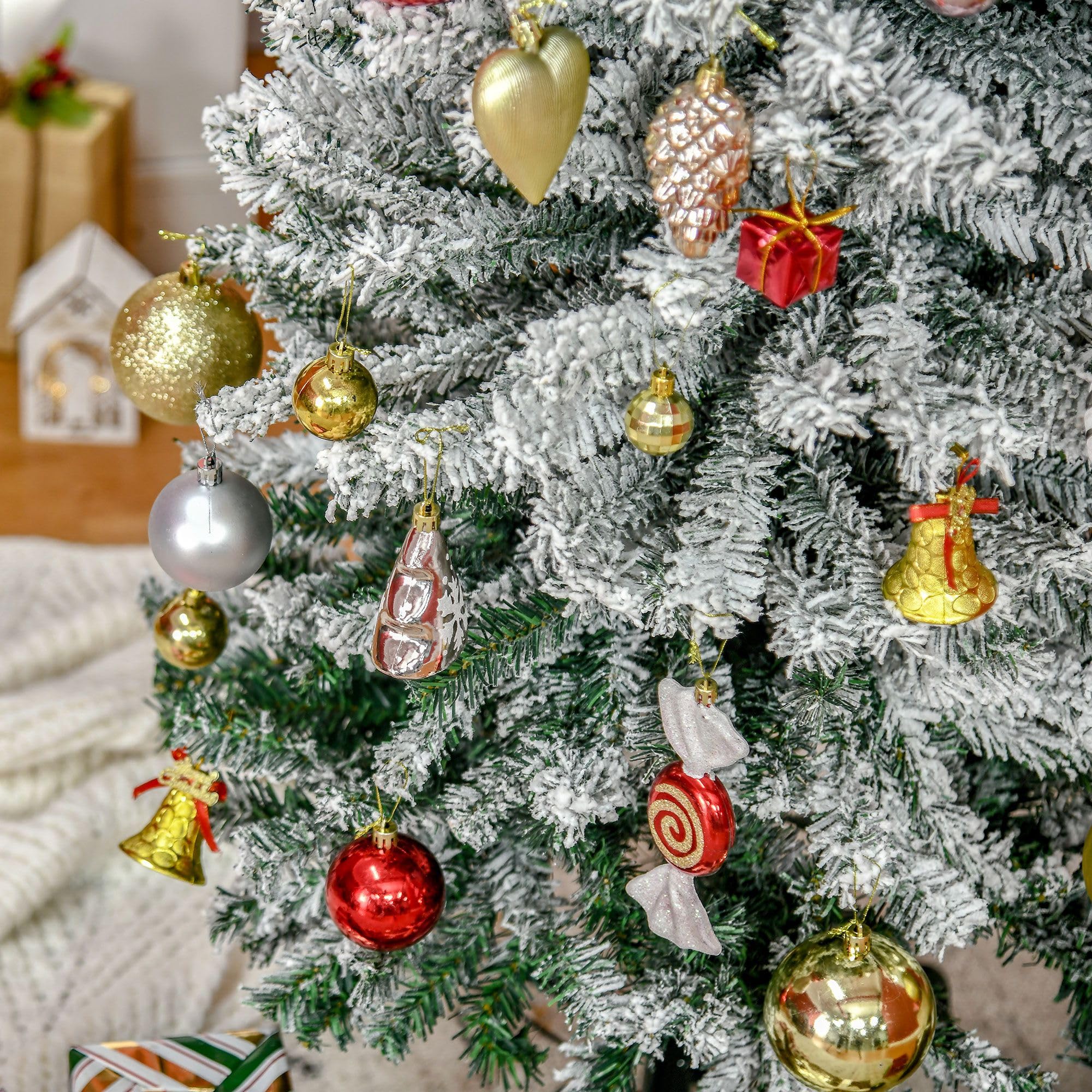 HOMCOM Árbol de Navidad 225 cm Árbol de Navidad Artificial Nevado con 738 Ramas y Soporte de Metal Árbol Navideño para Salón Verde y Blanco