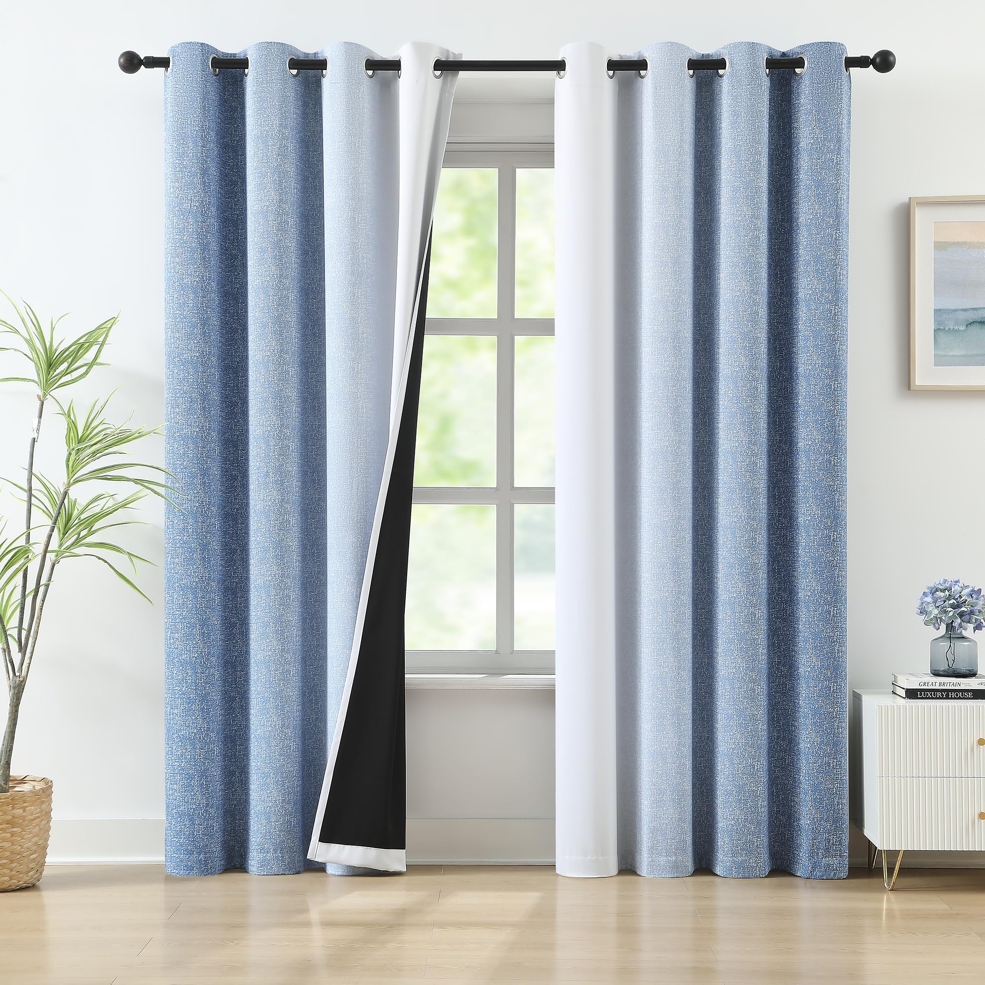 Blue Ombre Blackout Curtains 84 Inch Length for Home Decor, Gradient Room Darkening Curtain Drapes for Living Room Bedroom Energy Saving Window Panels