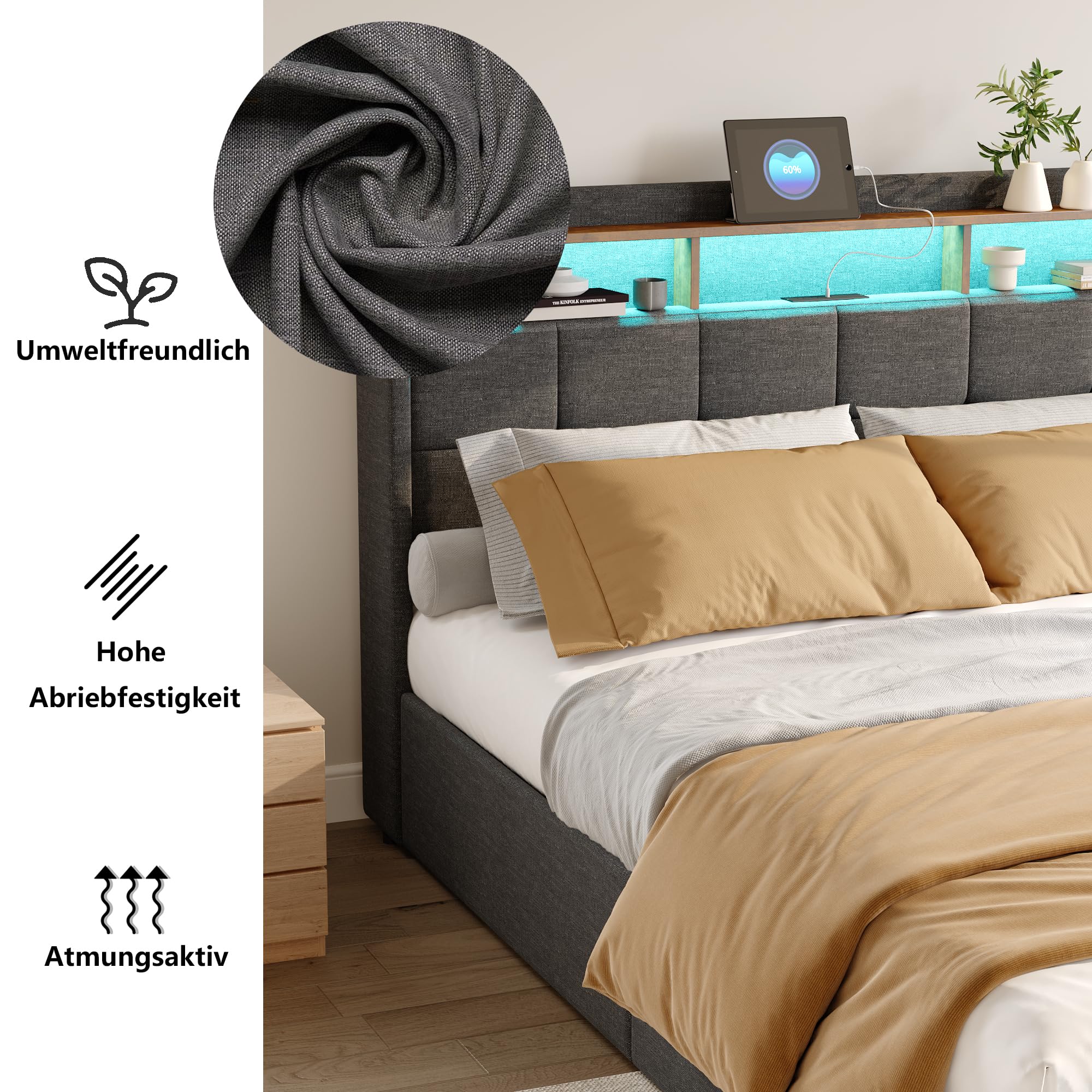 Letto imbottito, 160 x 200 cm, letto matrimoniale, letto funzionale con illuminazione a LED e funzione di ricarica USB, letto con 4 cassetti e rete a doghe, letto per giovani, con schienale