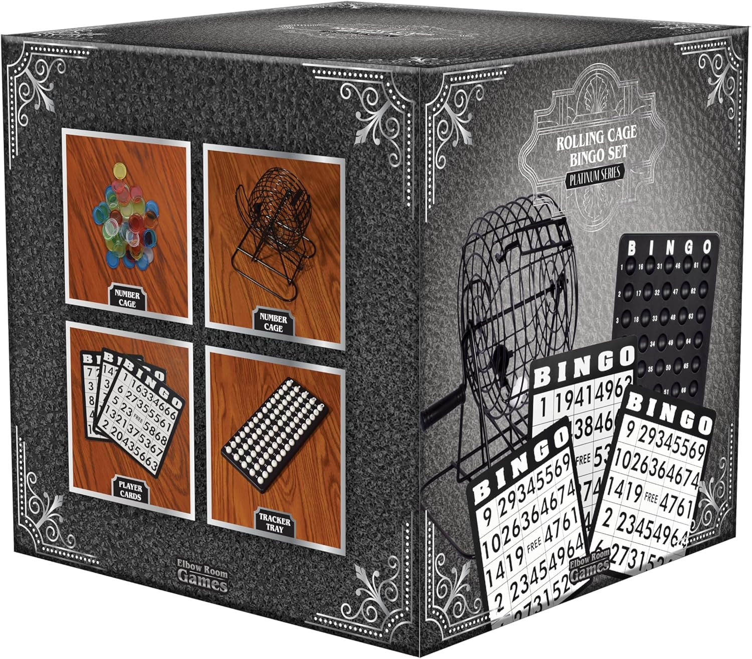Elbow Room Games Rolling Cage Bingo Set, Includes Numbered Balls, Reusable Bingo Cards, Markers, Sturdy Metal Roll Cage, and Plastic Number Holder, Perfect for Family Game Nights and Parties