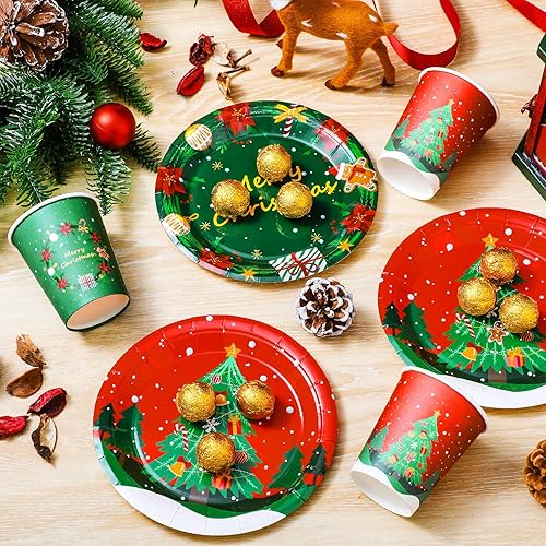 Miniatura 2 de El juego de 64 platos de papel de Navidad y tazas de Navidad incluye 32 platos redondos de Navidad de papel de 7 pulgadas y 32 vasos de papel