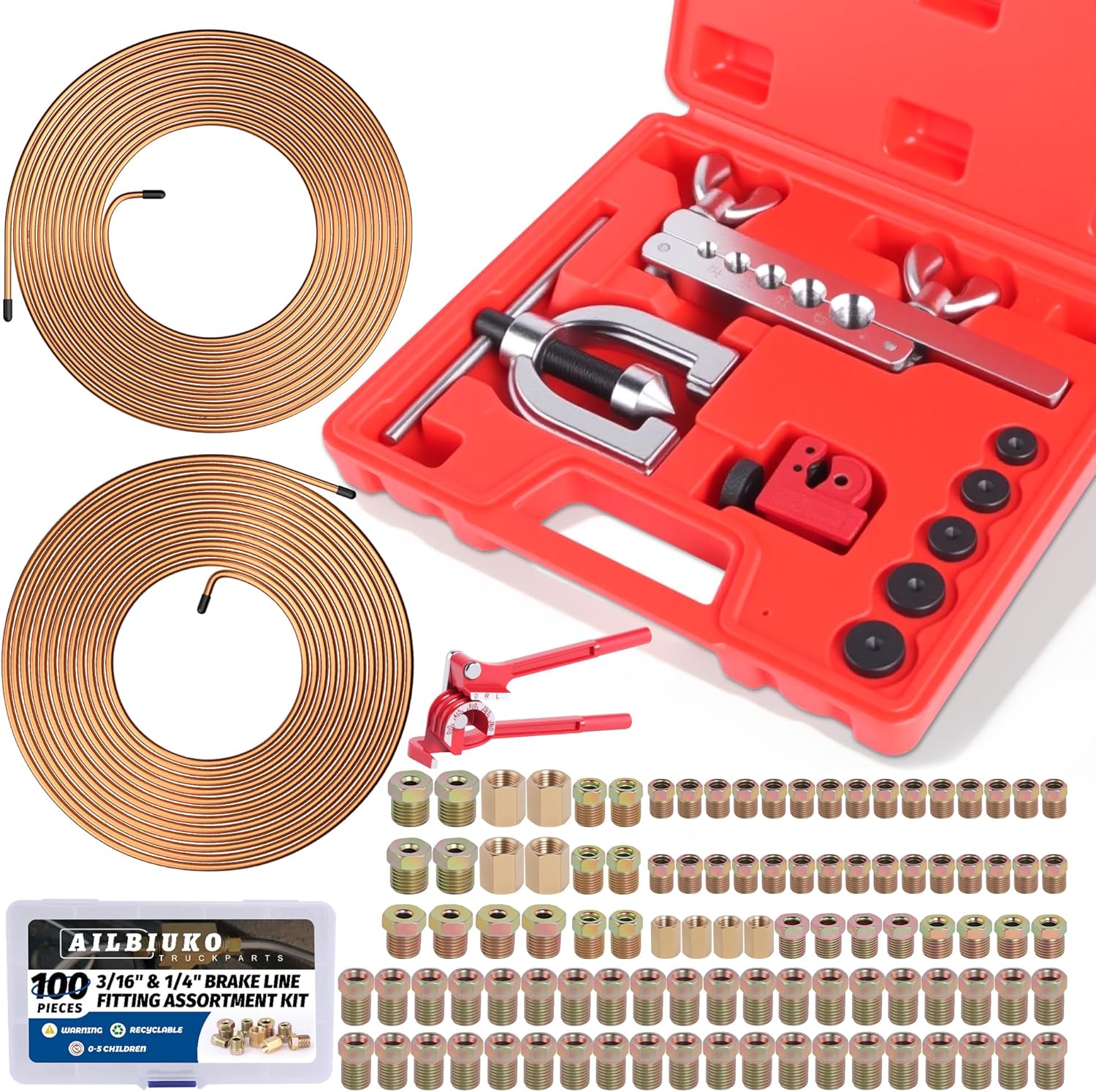 3/16" 1/4" Brake Line Repair Kit, Double & Single Brake Line Flaring Tool Kit + 2 Set 25ft 3/16" 1/4" Inch Brake Line with 100 Pcs Fittings(8 Unions Included) + Brake Line Bender