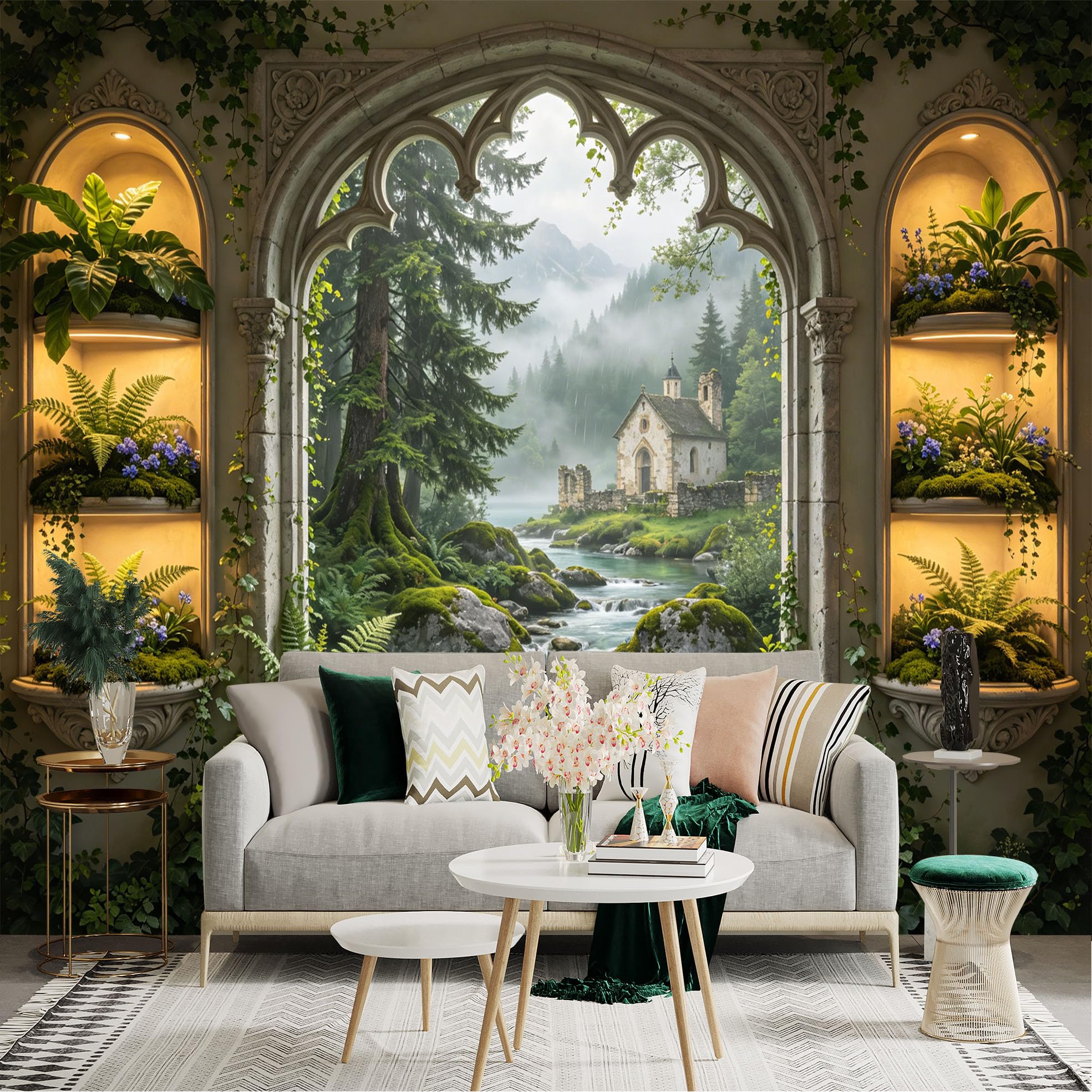Lnzczhyre Dbh260521151 Custom Size Wall Sticker Mural， Gothic Stone Window View， Peaceful Forest Creek， Ancient Cottage And Mossy Rocks， For Wall Decoration， Peelandstick Wall Decals.