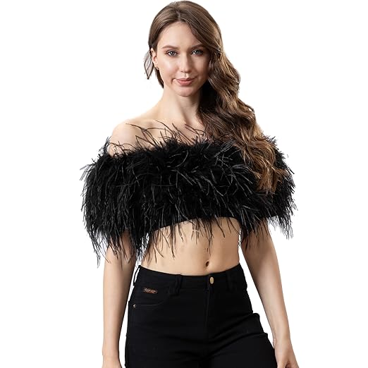 LVCOMEFF Ostrich Feather Mini Crop Top Straight Neck Tube Top