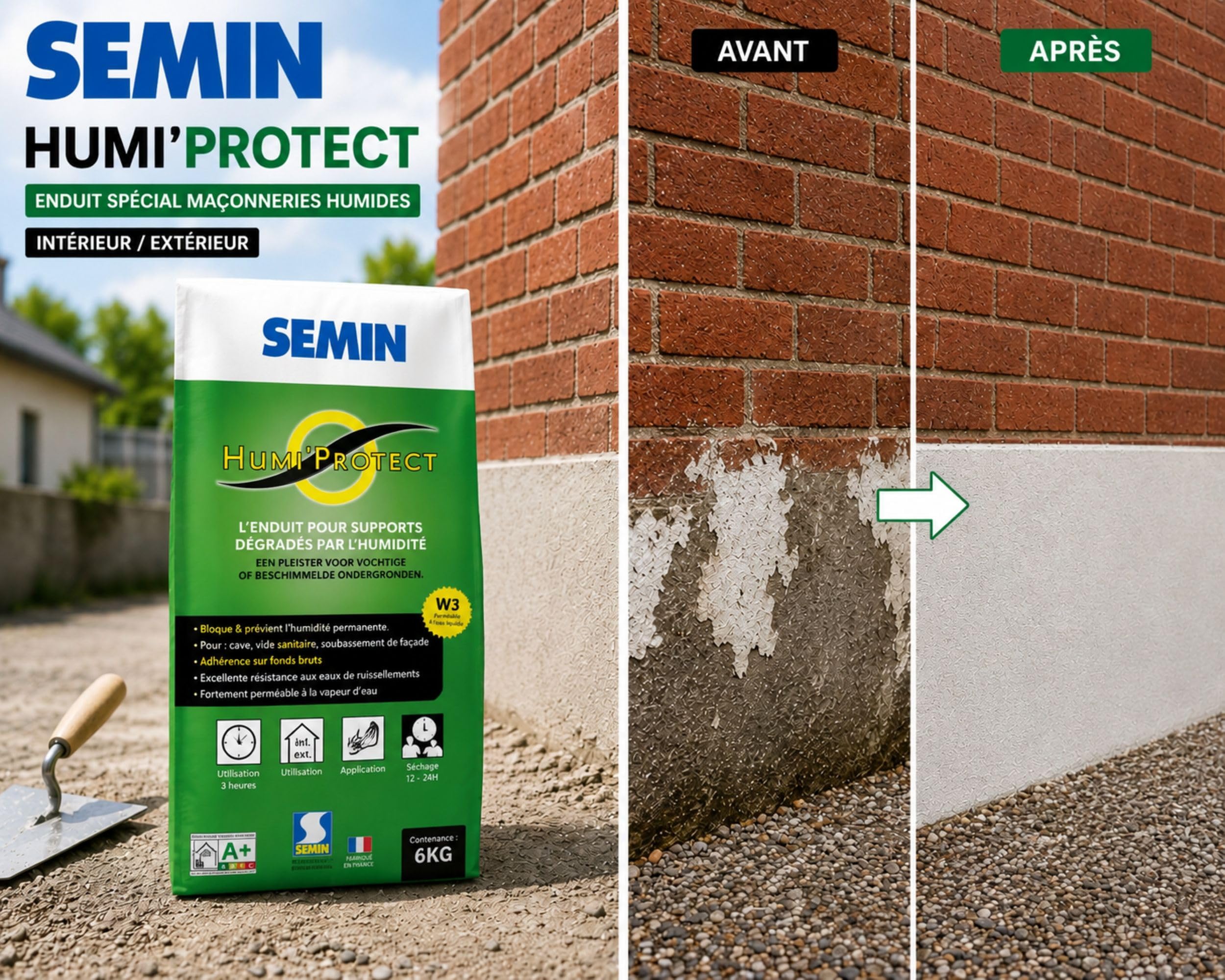 Semin Humi’Protect - Enduit Ciment Anti-Humidité - Traitement Maçonneries Humides - Intérieur & Extérieur - Cave, Sous-Bassement & Façade -Lot de 2 Sacs de 6 kg
