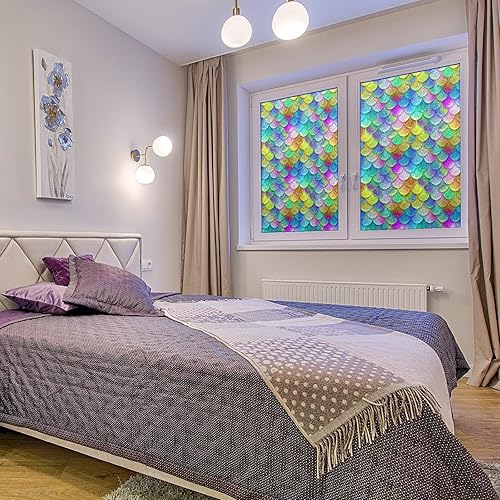 Miniatura 112 de Película decorativa de privacidad para ventana de arcoíris, película decorativa de adherencia estática para baño, oficina en casa, bloqueo UV, 17.7