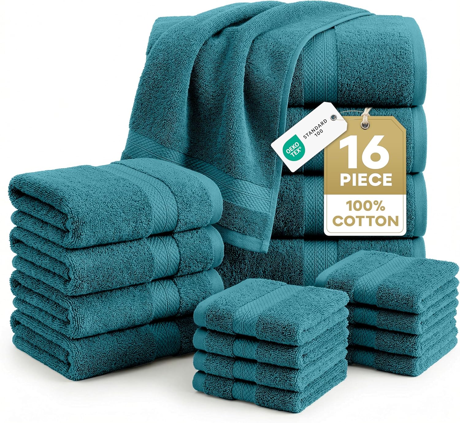 LANE LINEN 100% Cotton Luxury Bath Towel Set - 16 Pieces - Ring Spun, Quick Dry, Highly Soft & Absorbent - 4 Bath Towels, 8 Washcloths, 4 Hand Towels for Bathroom - Sustainably Produced - Sea Port
