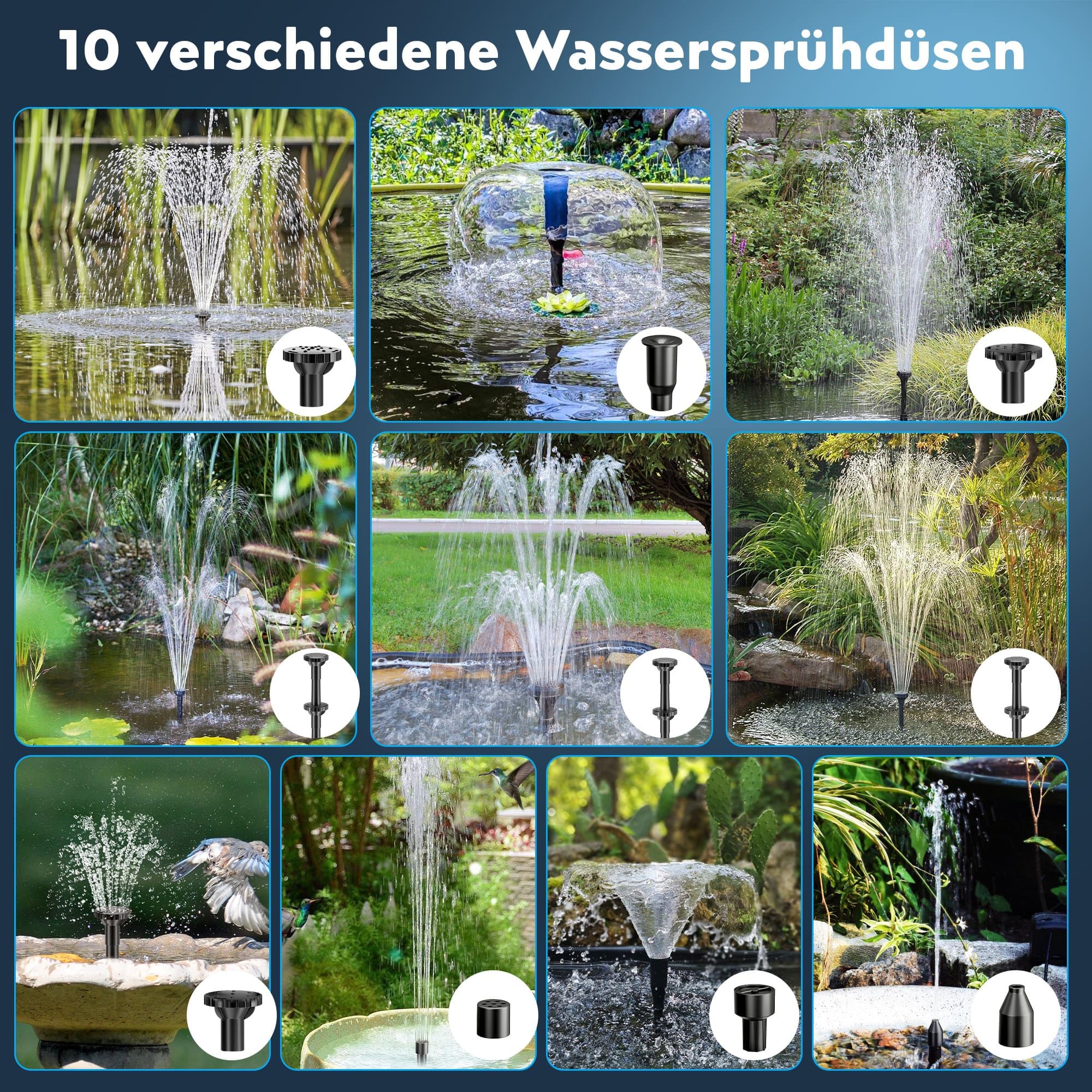 Biling Filtro per laghetto solare da 8 W, con batteria e 10 ugelli, pompa solare per laghetti chiari fino a 500 l, pompa filtro silenziosa per mini laghetto da giardino, fontana, giochi d'acqua, bagno - 5