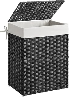 SONGMICS Handwoven Laundry Basket, 90L Synthetic Rattan Clothes Hamper with Lid and Handles, Foldable, Removable Liner Bag, Black LCB51BK