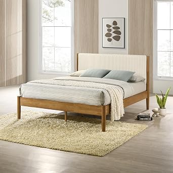 Roundhill Furniture Vichy Queen Platform Bed with Corduroy Upholstery in Light Walnut