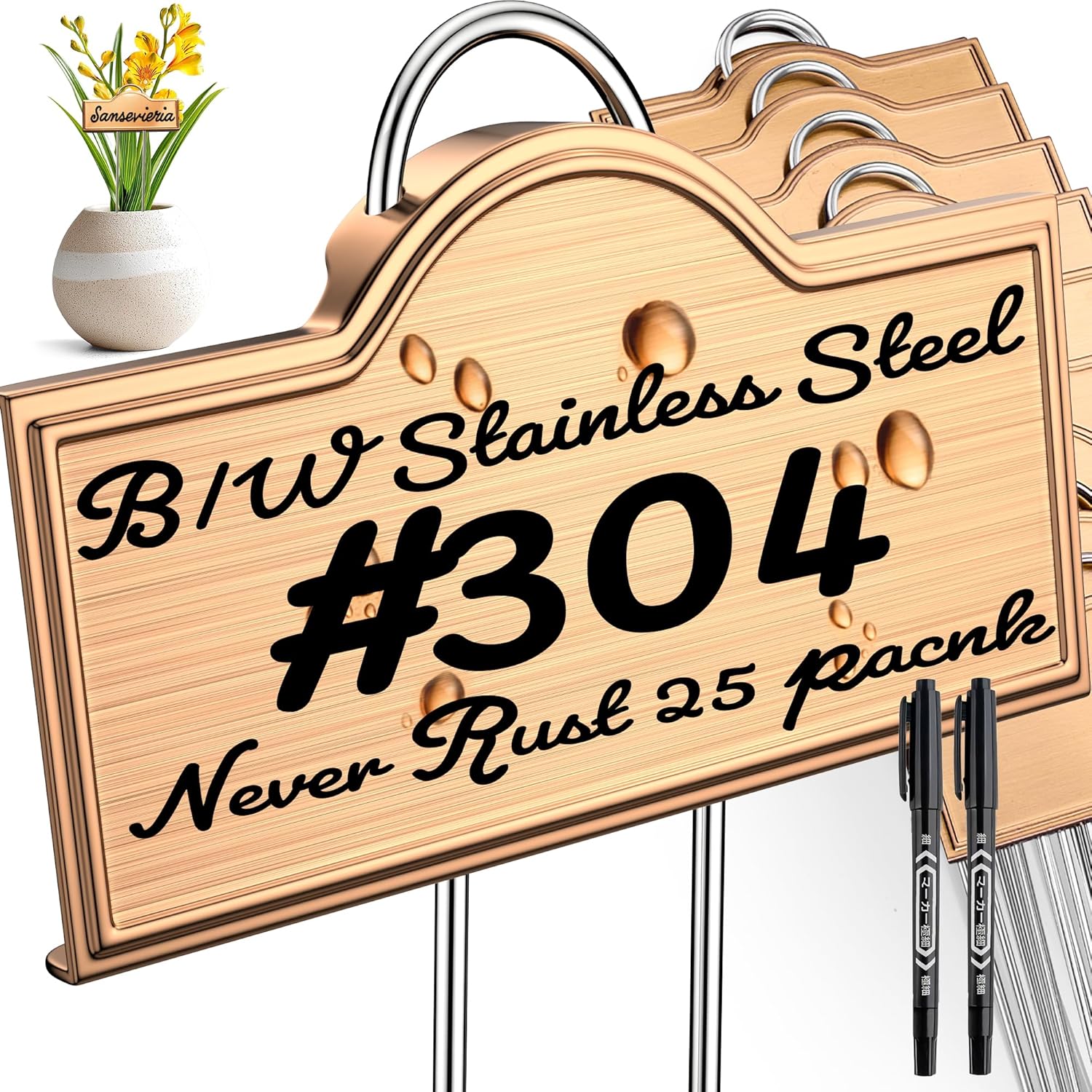 Stainless Steel 304 Plant Labels Weatherproof, Metal Garden Label Tall Markers 25 Pack for Plants Vegetables Herb Seedlings Flowers with 2 Pens, Height 10.75 Inch, Label Area 3.74'' x 1.39''