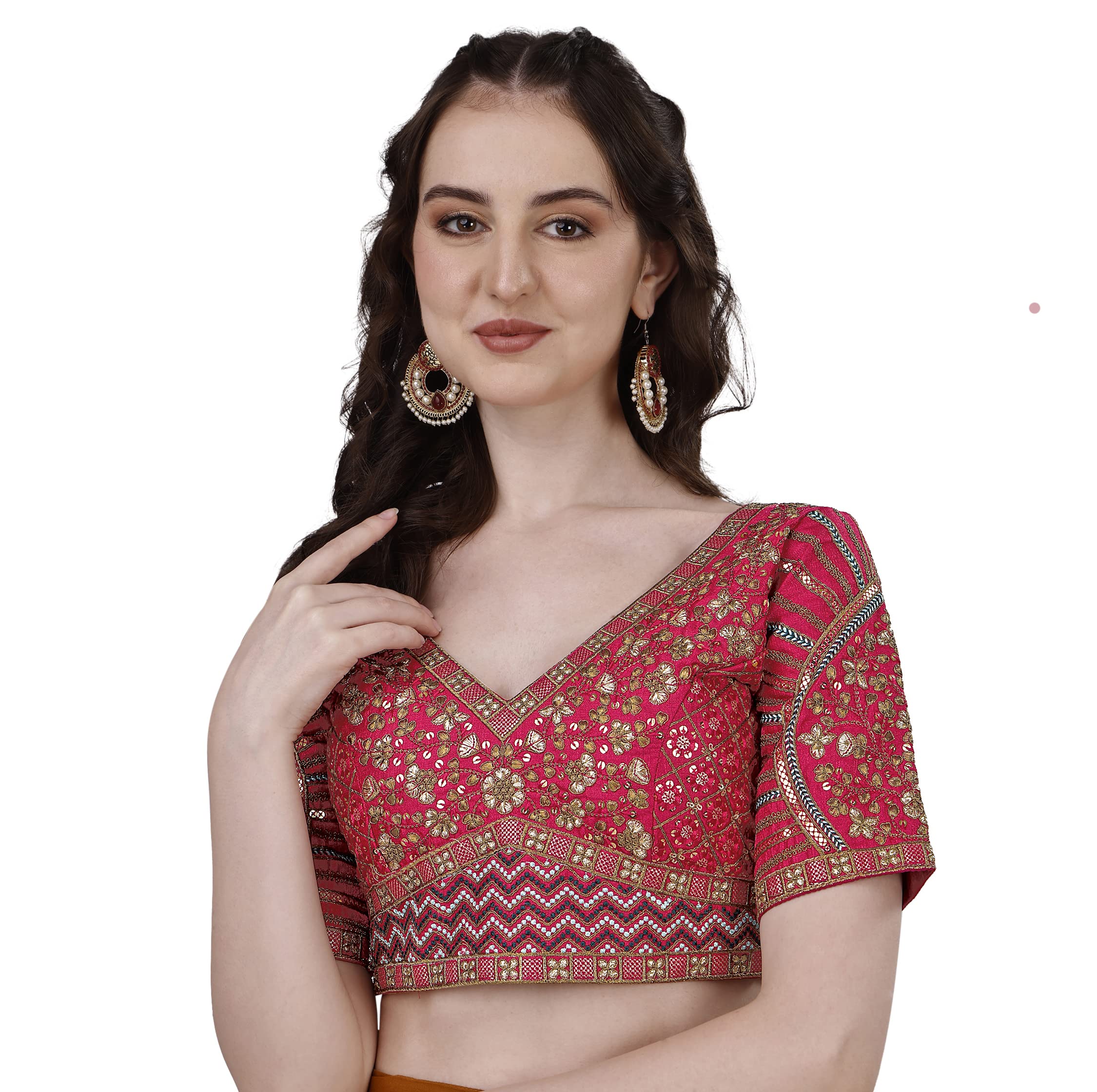 Pujia Mills Mills Women's Fancy Readymade Heavy Coding Embroidary Worked Half Sleeve Multicolor Saree Blouse(Mushroom) (Rani, 40)